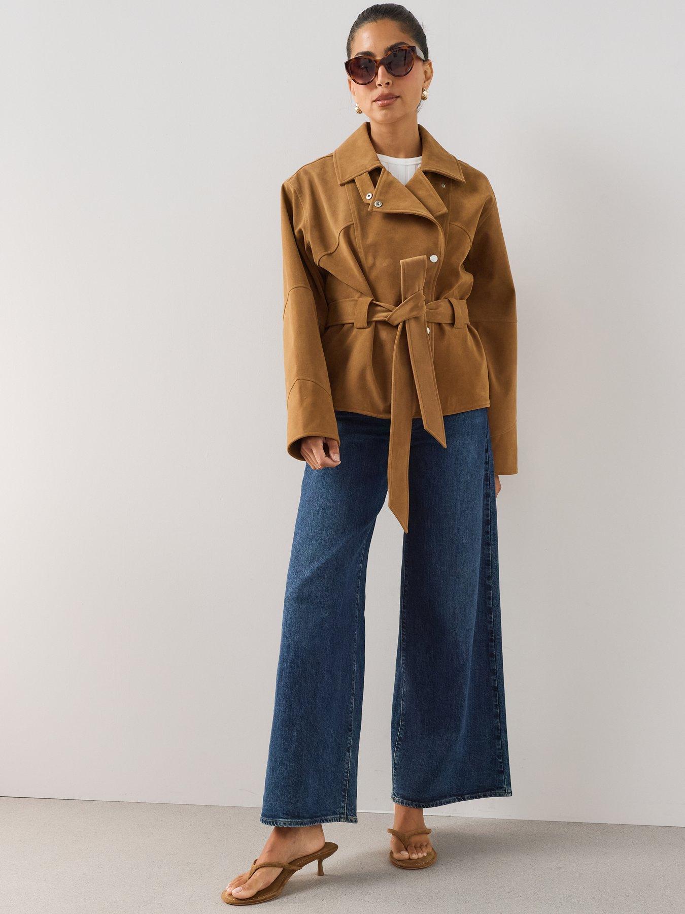 Image 3 of 7 of The Very Collection Faux Suede Belted Jacket - Brown