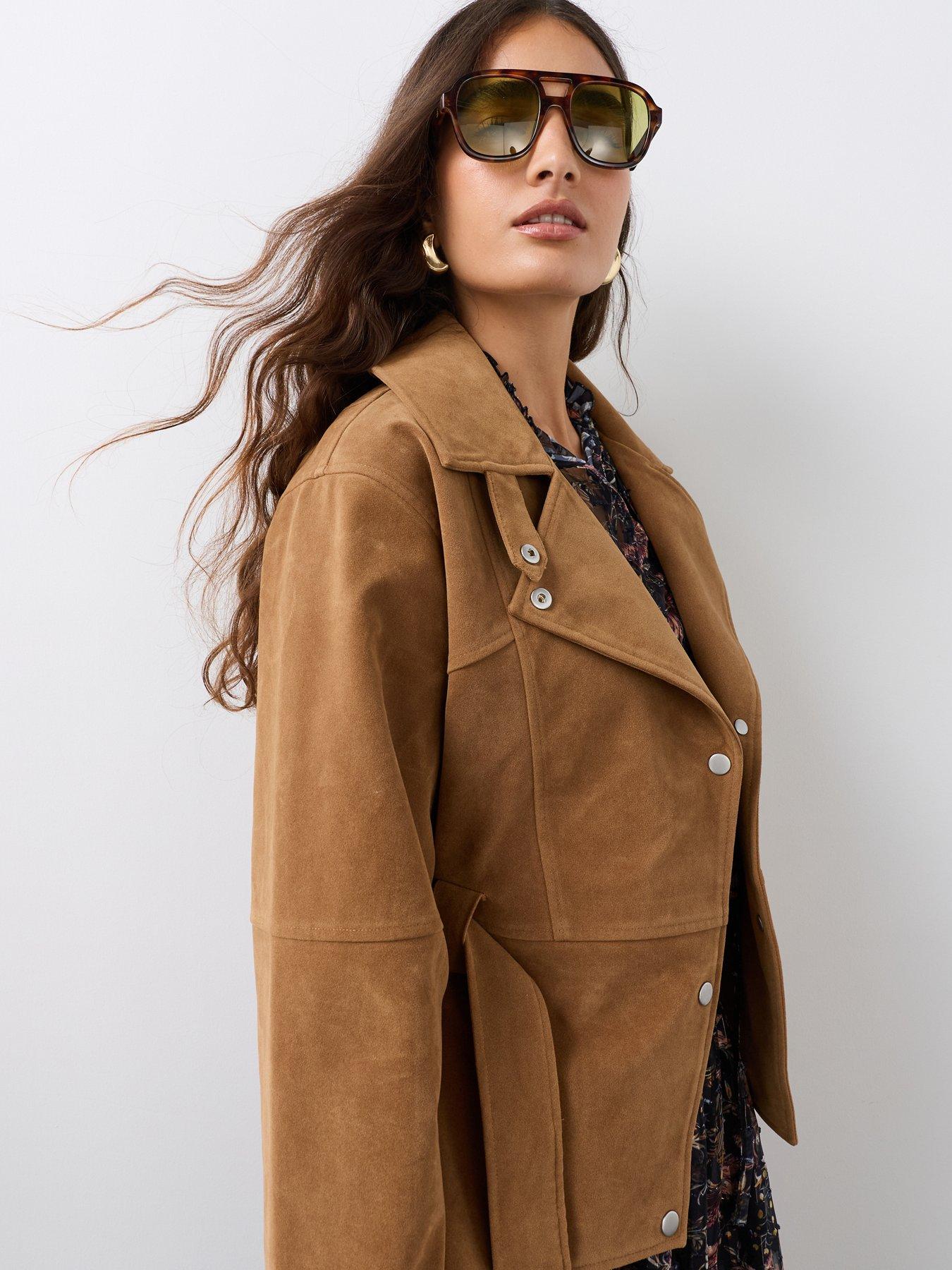 Image 4 of 7 of The Very Collection Faux Suede Belted Jacket - Brown