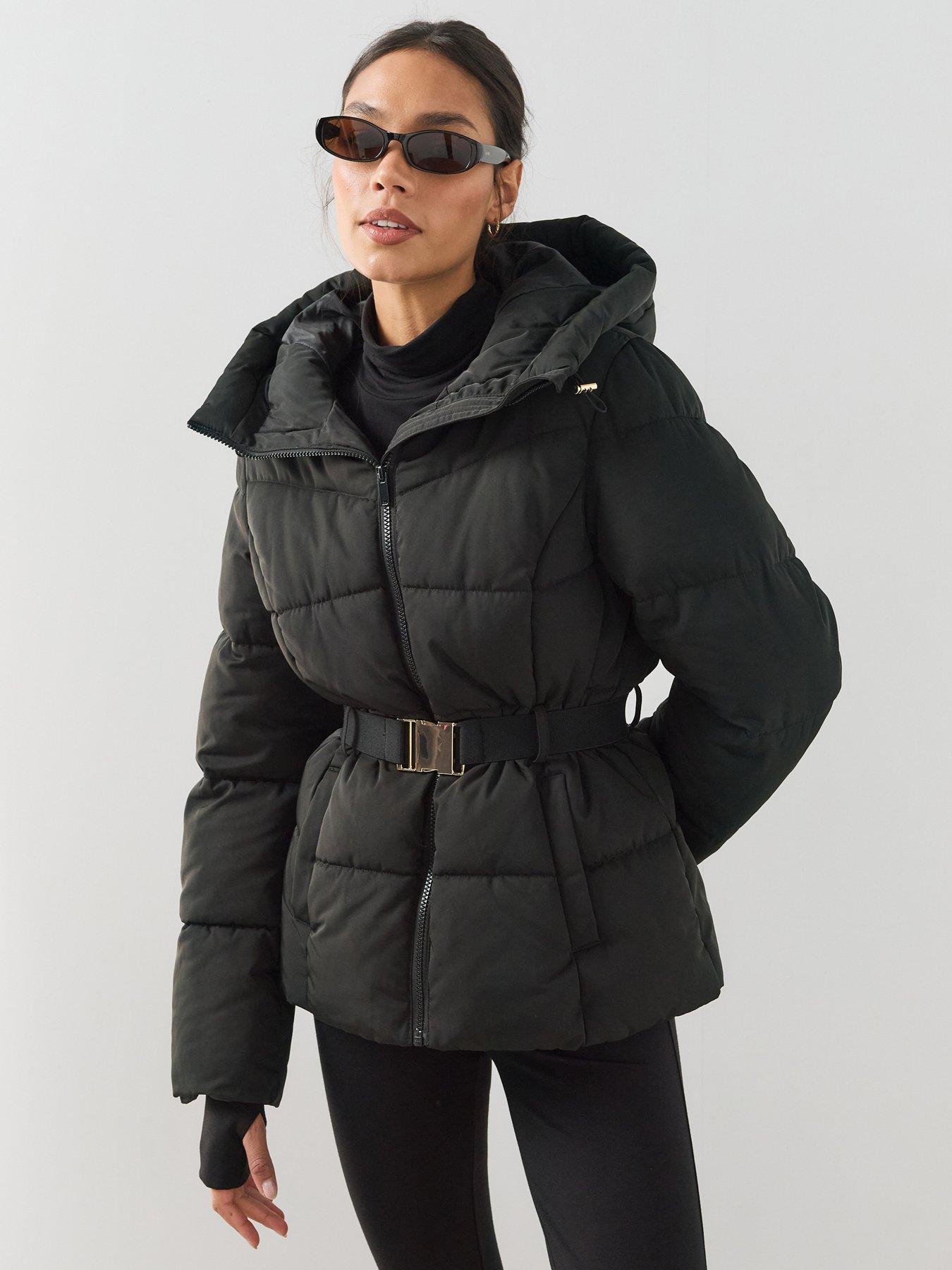 Image 1 of 7 of The Very Collection Womens Funnel Hood Belted Padded Coat - Black
