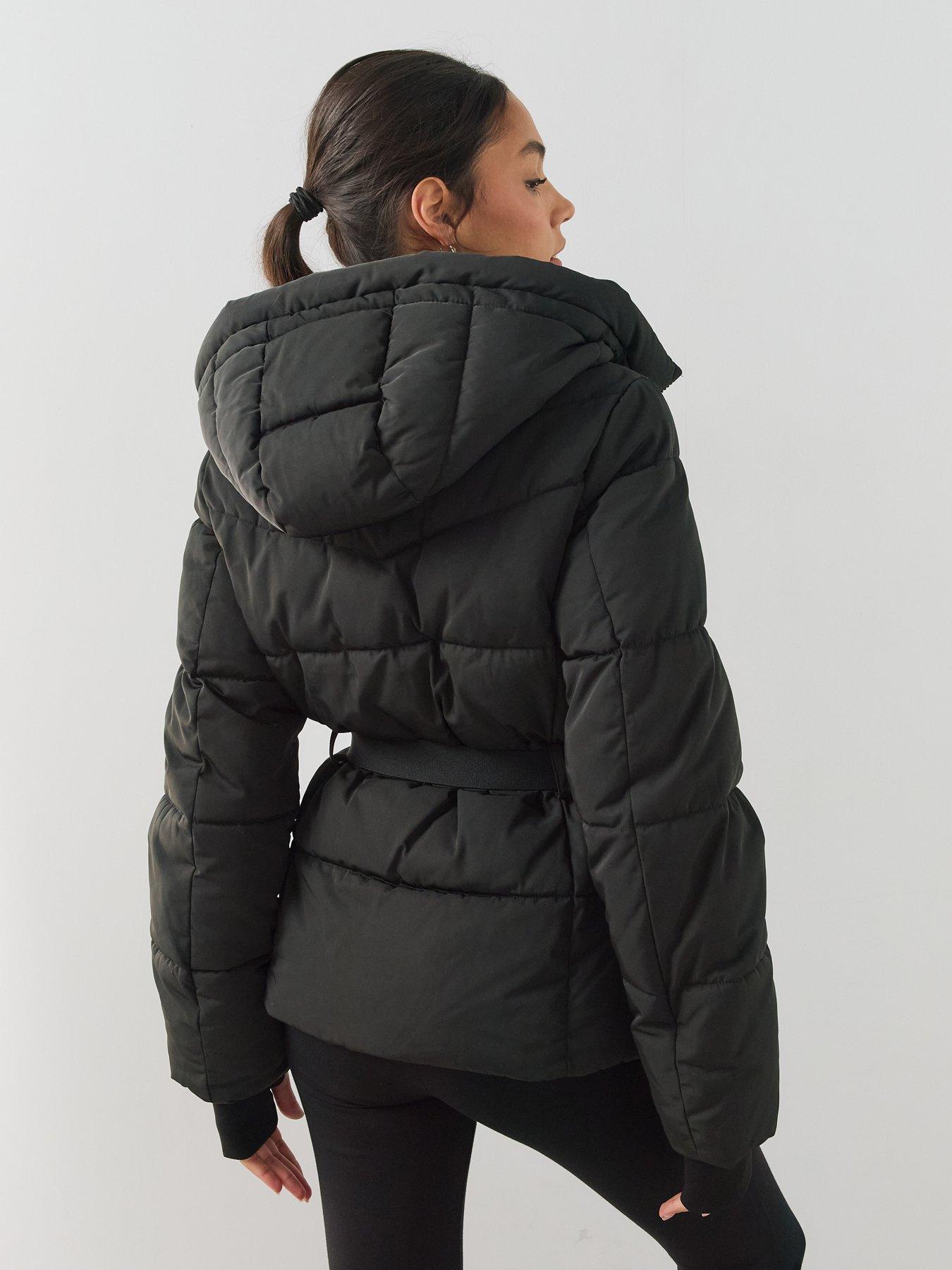 Image 2 of 7 of The Very Collection Womens Funnel Hood Belted Padded Coat - Black