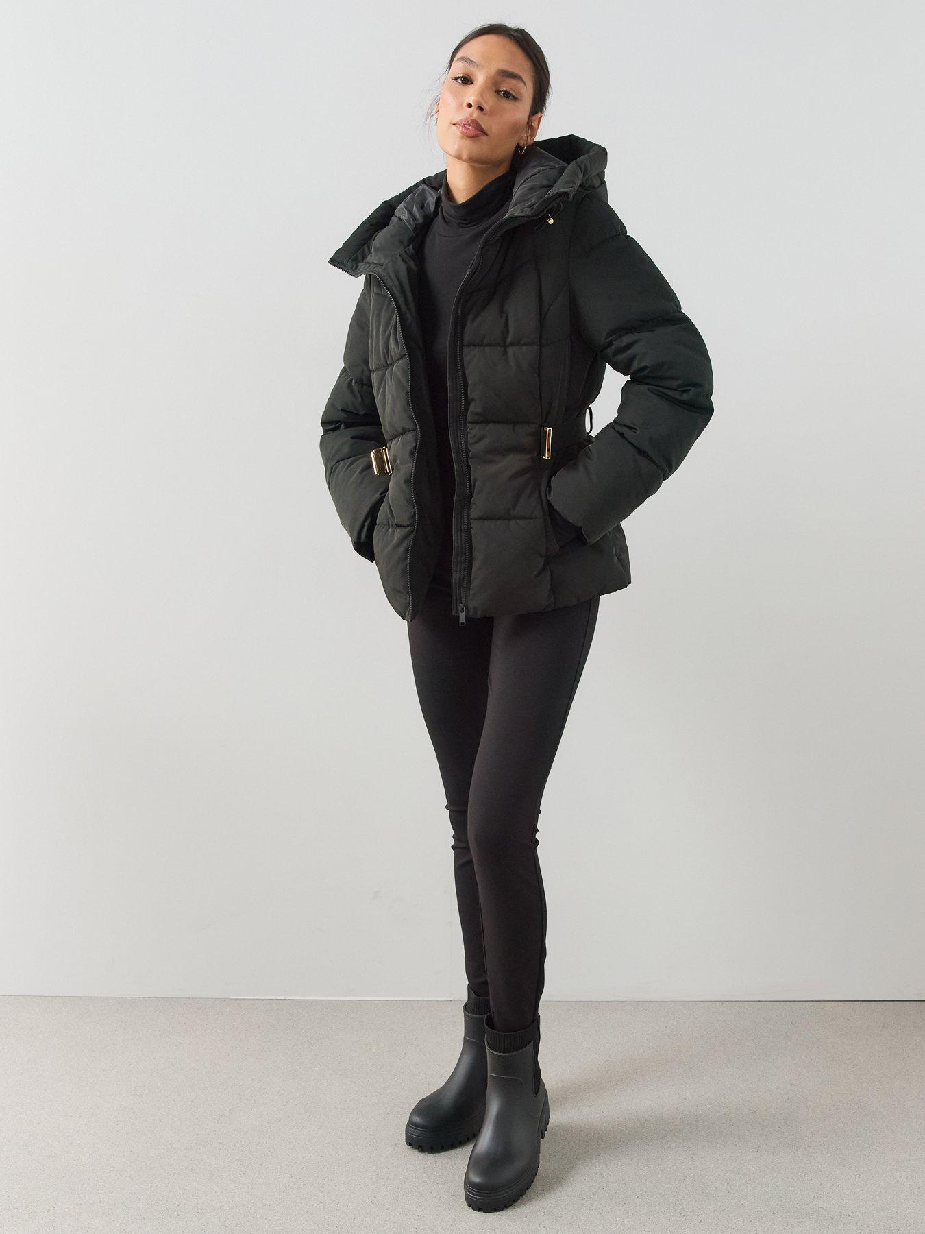 Image 3 of 7 of The Very Collection Womens Funnel Hood Belted Padded Coat - Black