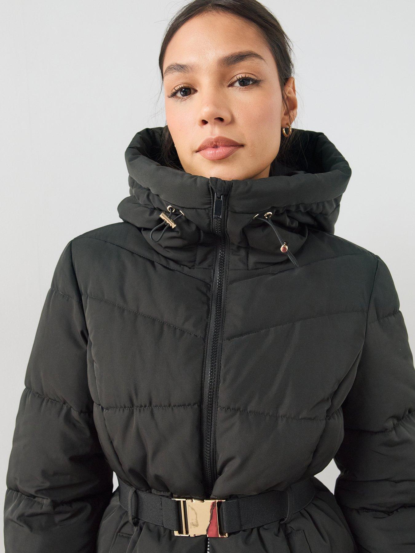 Image 4 of 7 of The Very Collection Womens Funnel Hood Belted Padded Coat - Black