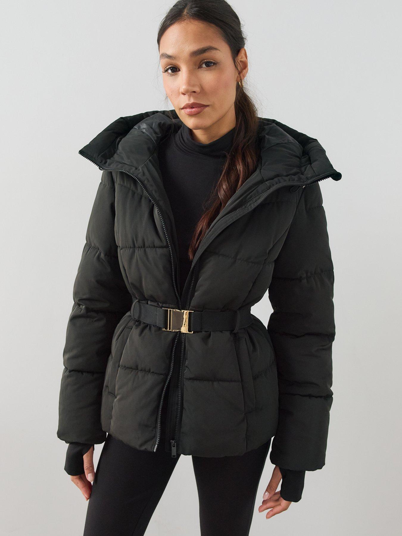 Image 5 of 7 of The Very Collection Womens Funnel Hood Belted Padded Coat - Black