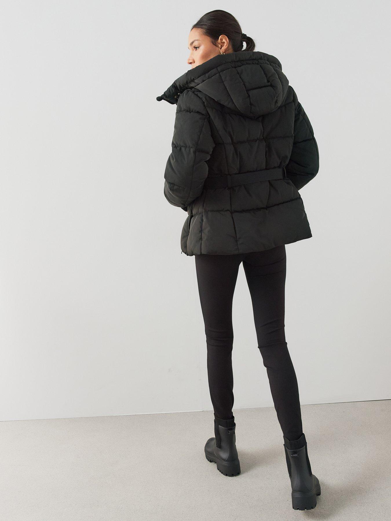 Image 6 of 7 of The Very Collection Womens Funnel Hood Belted Padded Coat - Black