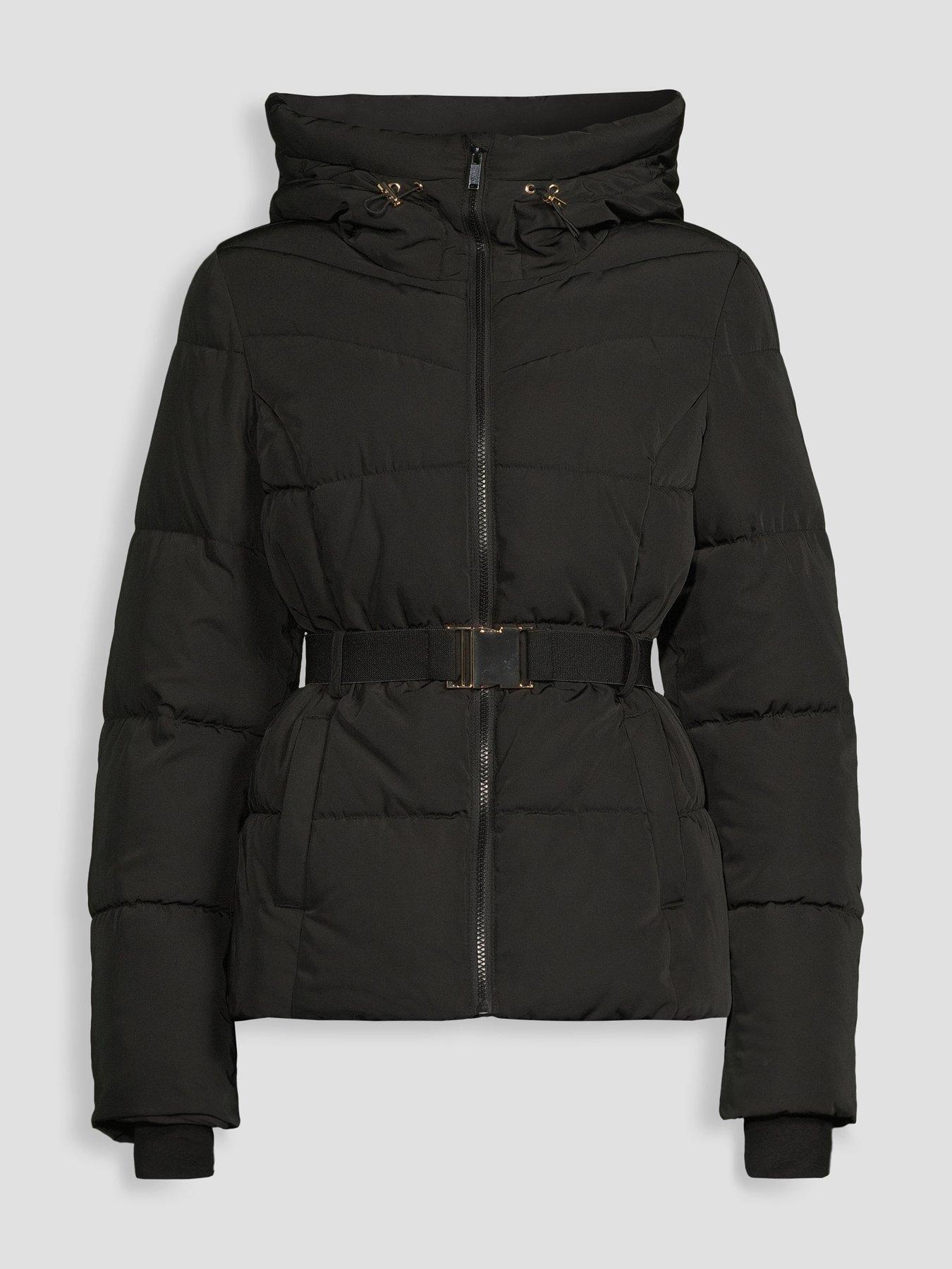 Image 7 of 7 of The Very Collection Womens Funnel Hood Belted Padded Coat - Black