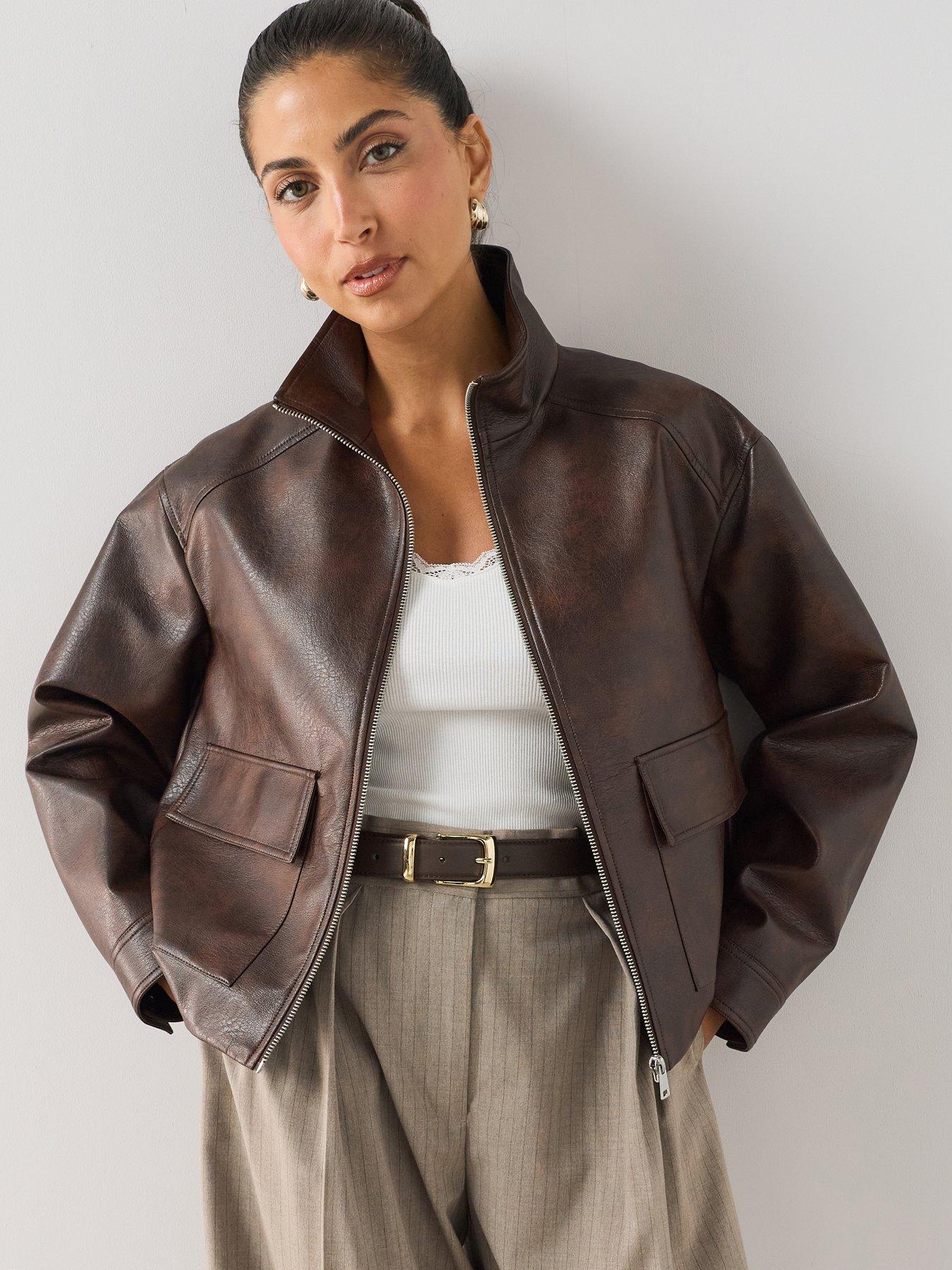 The Very Collection Funnel Neck Faux Leather Jacket - Brown