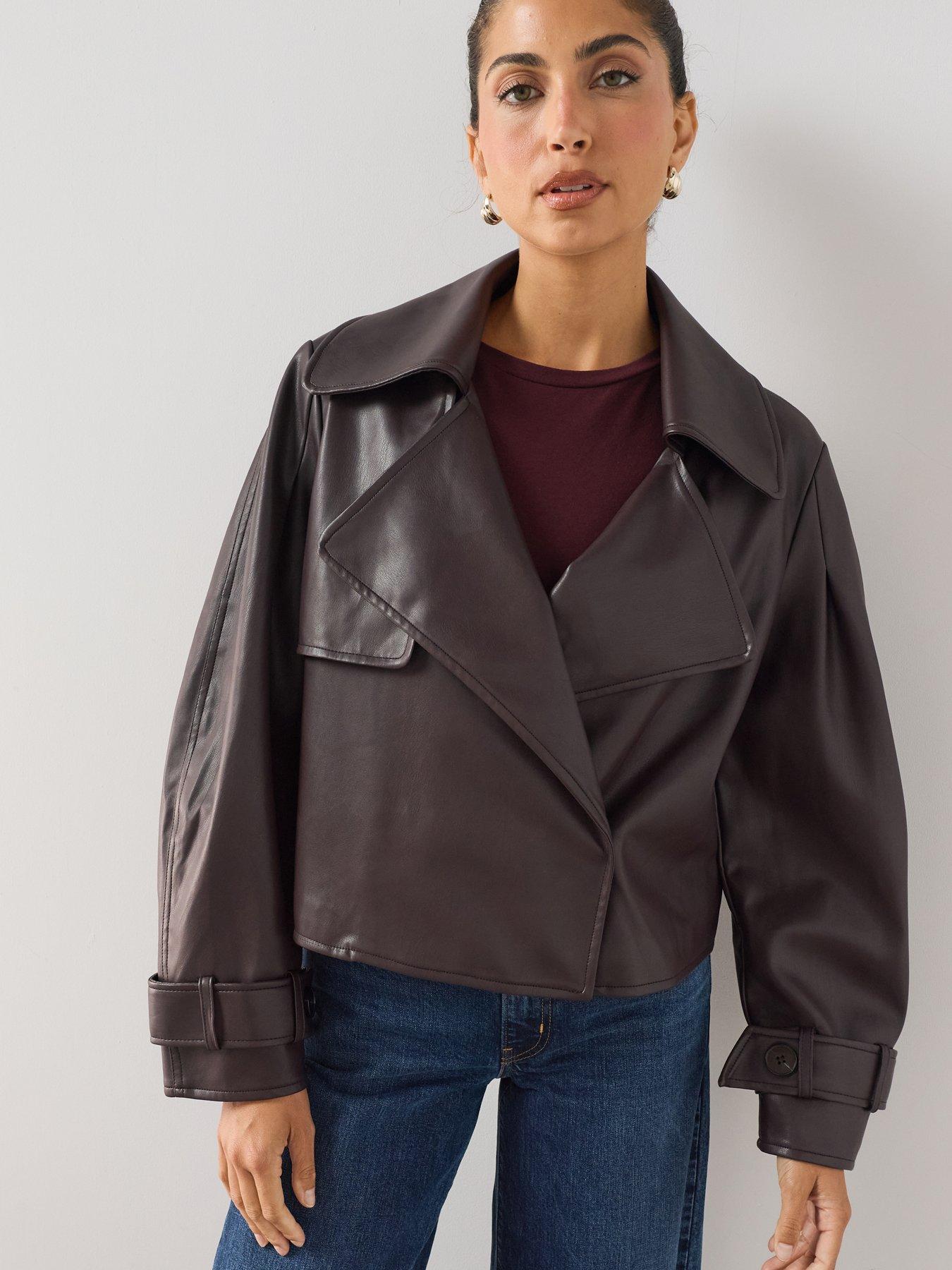Image 1 of 7 of The Very Collection Womens Faux Leather Short Trench Jacket - Plum
