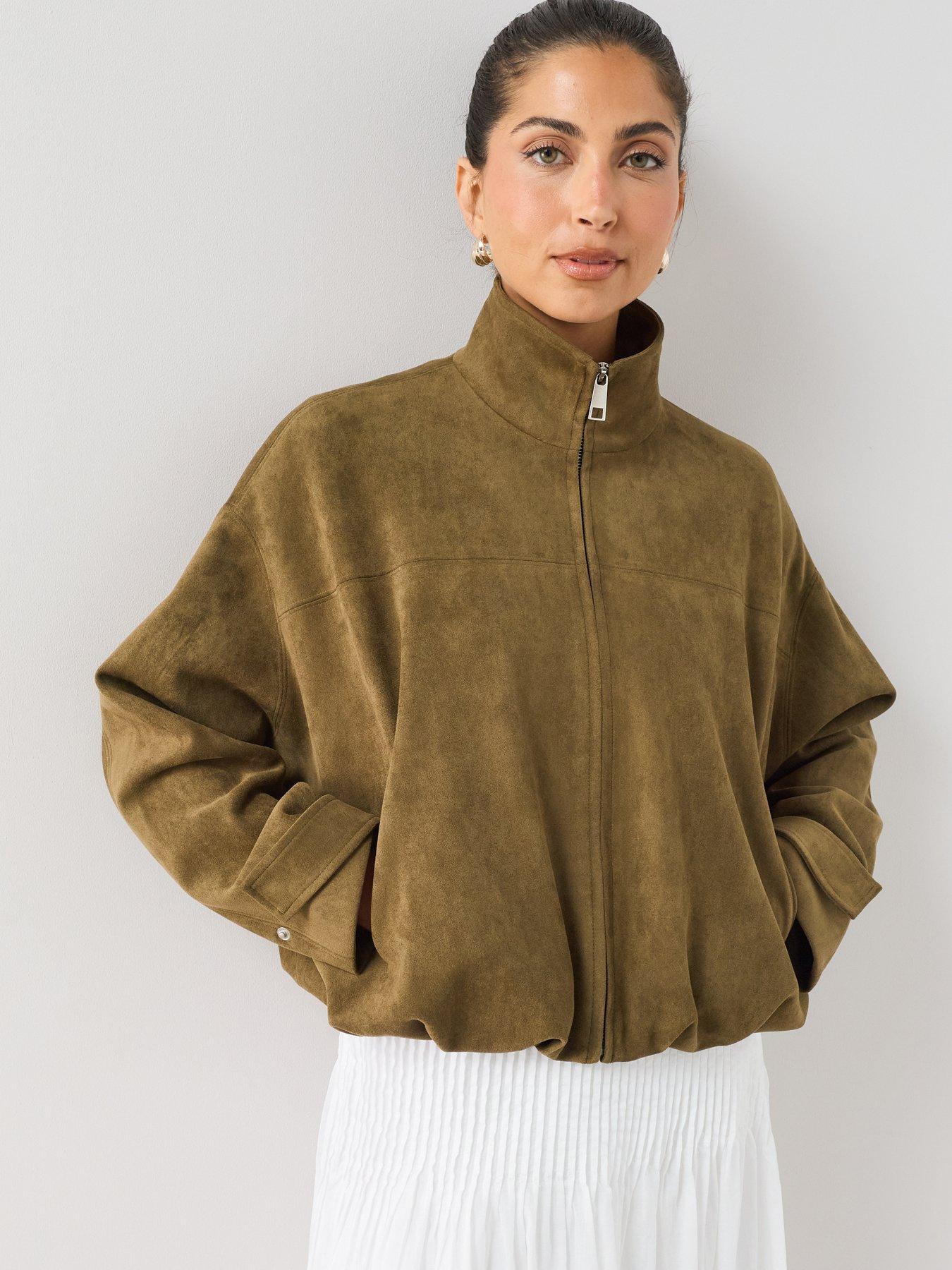 The Very Collection Funnel Neck Suede Bomber Jacket - Khaki