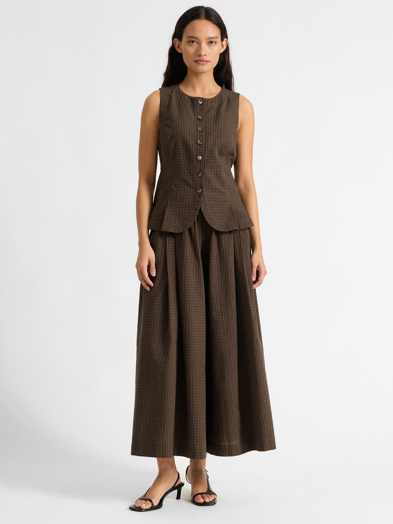 albaray-gingham-wide-leg-culottes-brown
