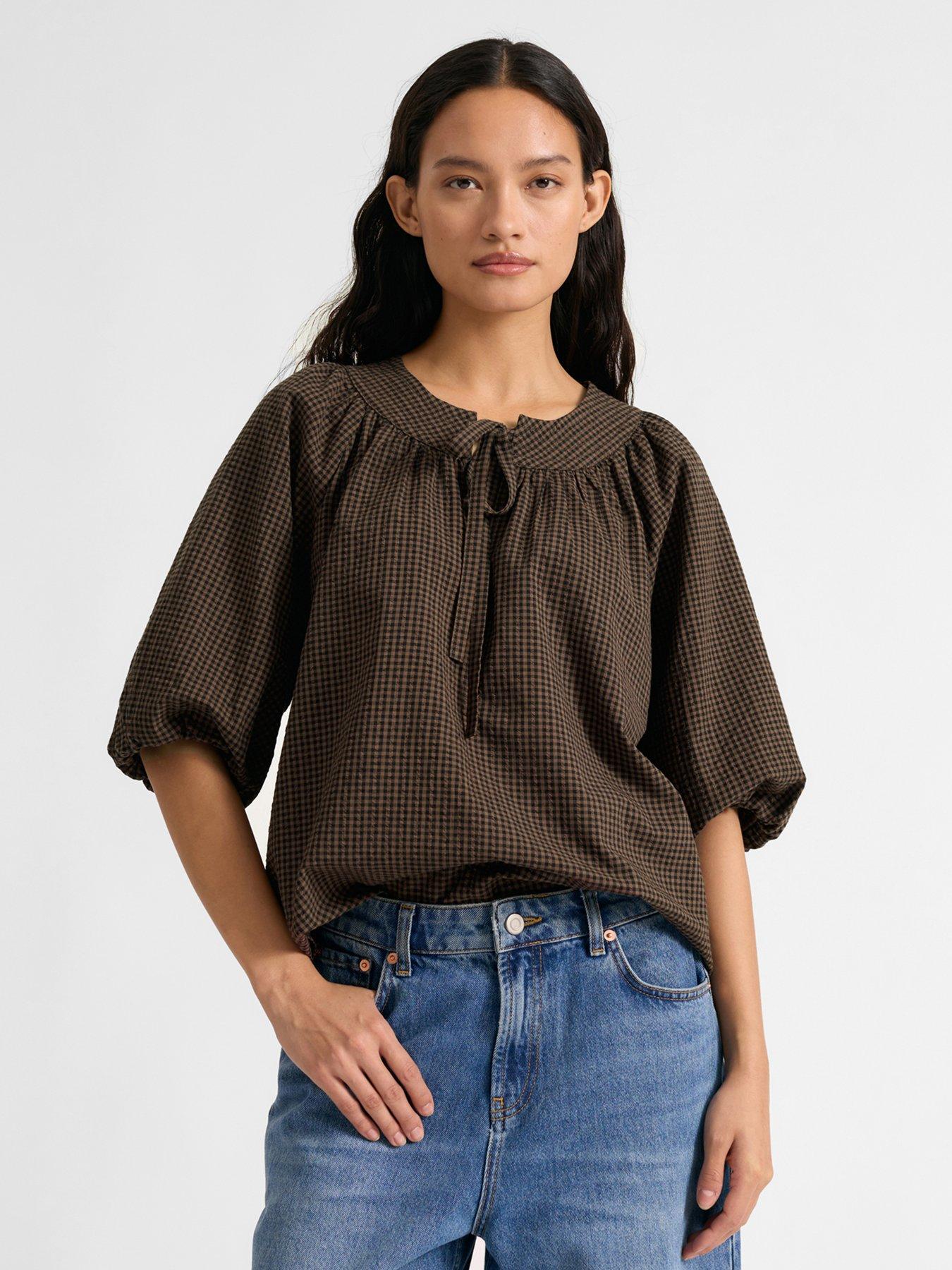albaray-gingham-tie-neck-top-brown