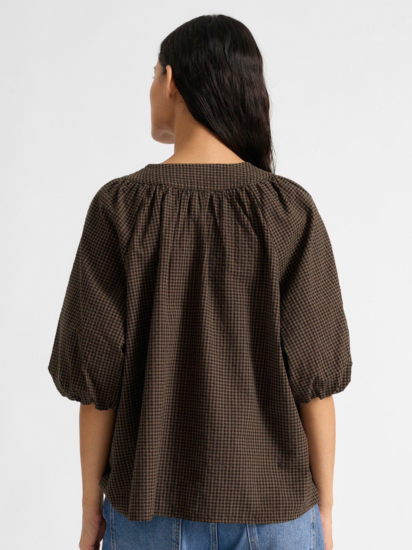 albaray-gingham-tie-neck-top-brownstillFront