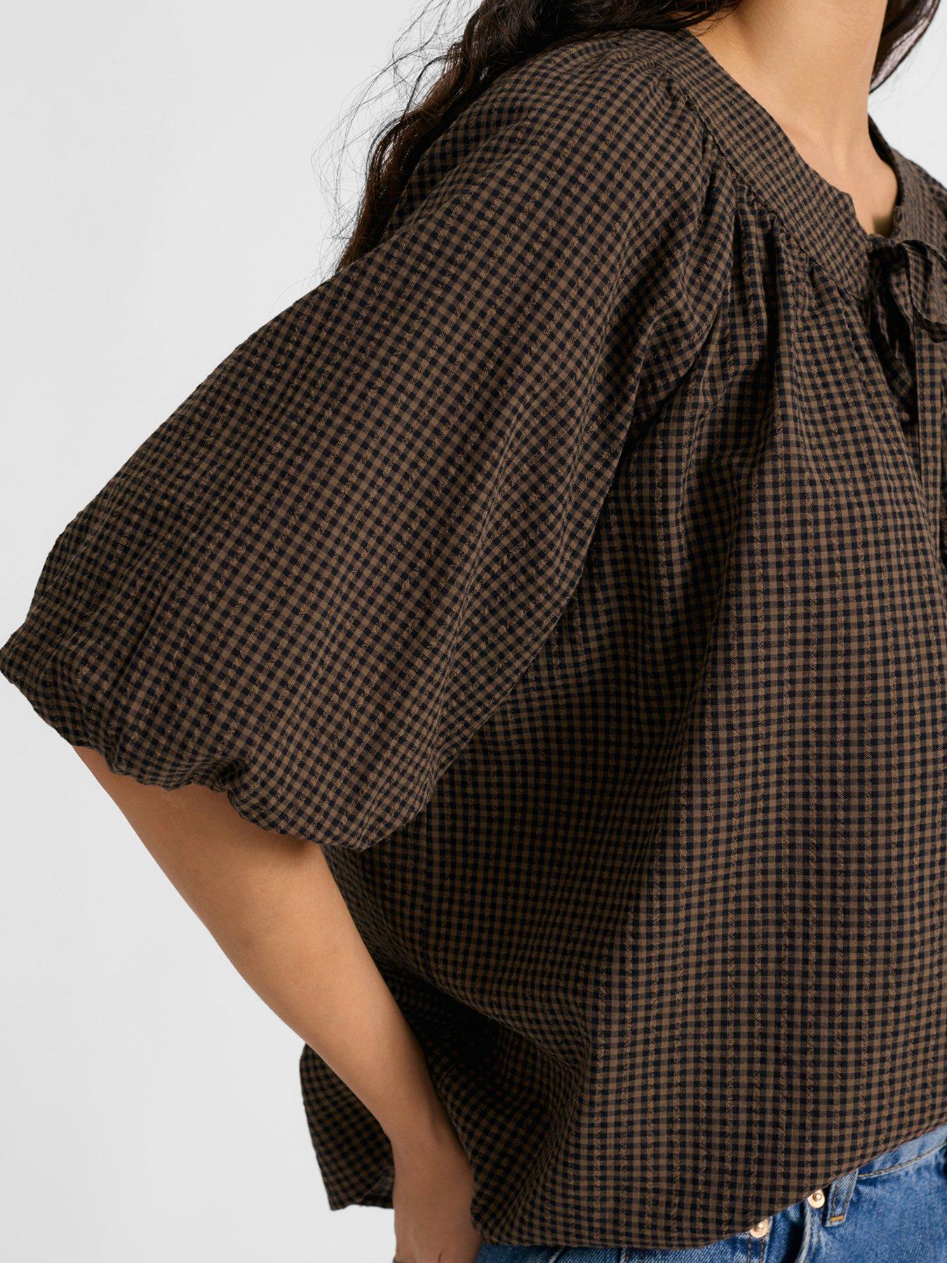 albaray-gingham-tie-neck-top-brownback