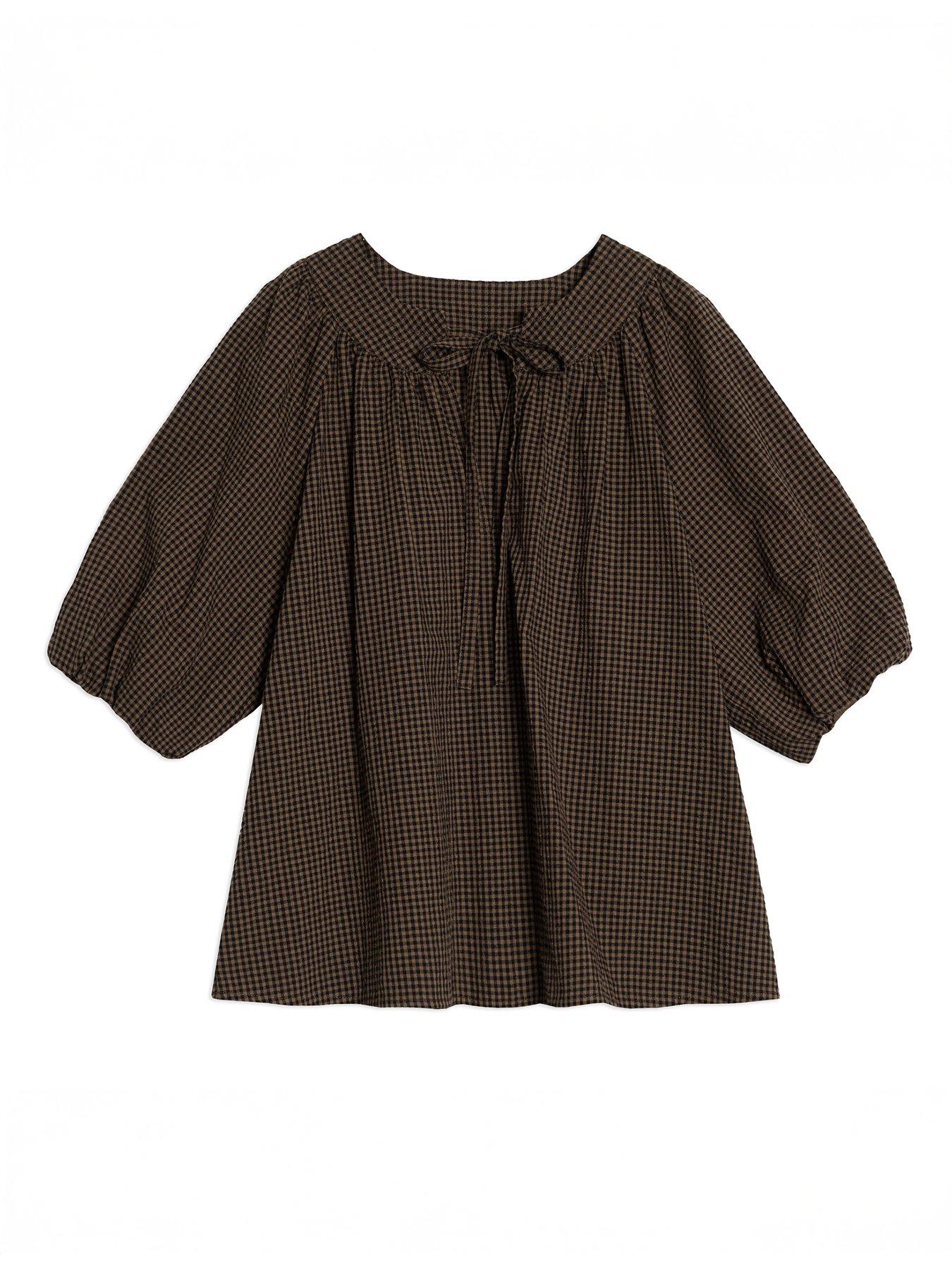 albaray-gingham-tie-neck-top-browndetail