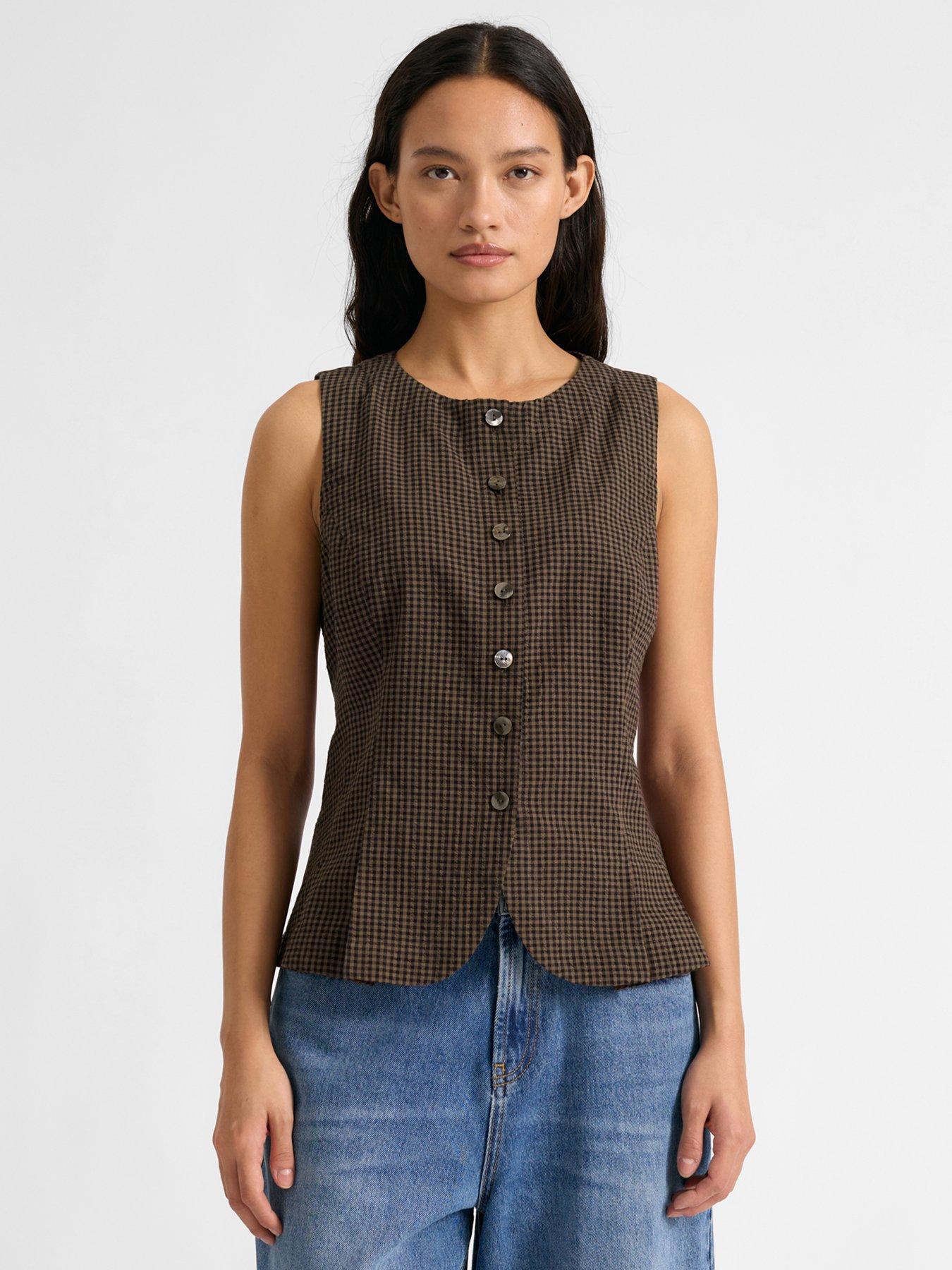Image 1 of 4 of Albaray Gingham Print Button Front Waistcoat - Brown