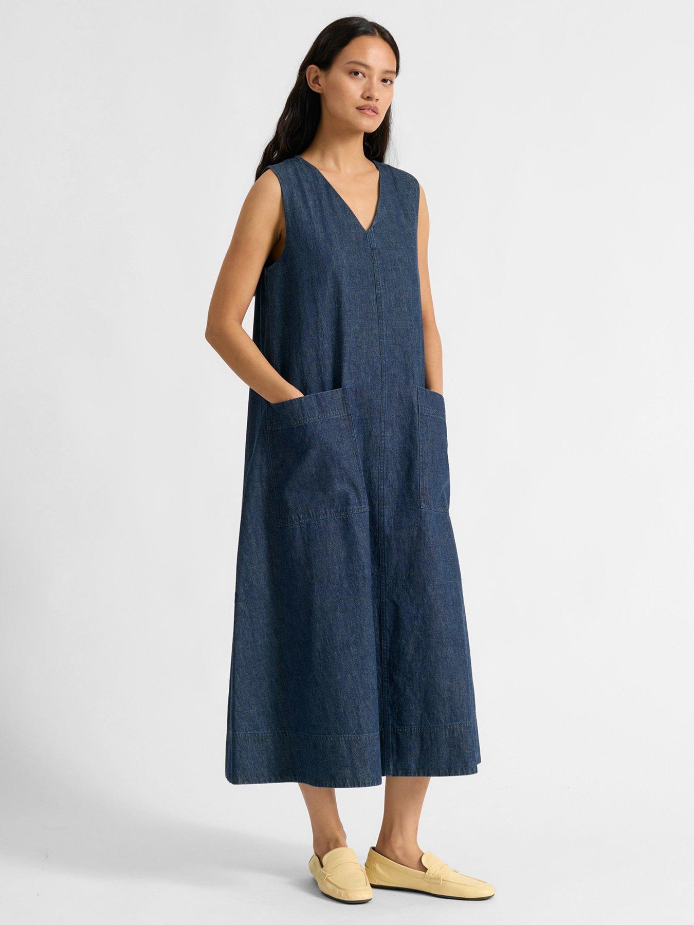 albaray-v-neck-denim-a-line-dress-bluefront