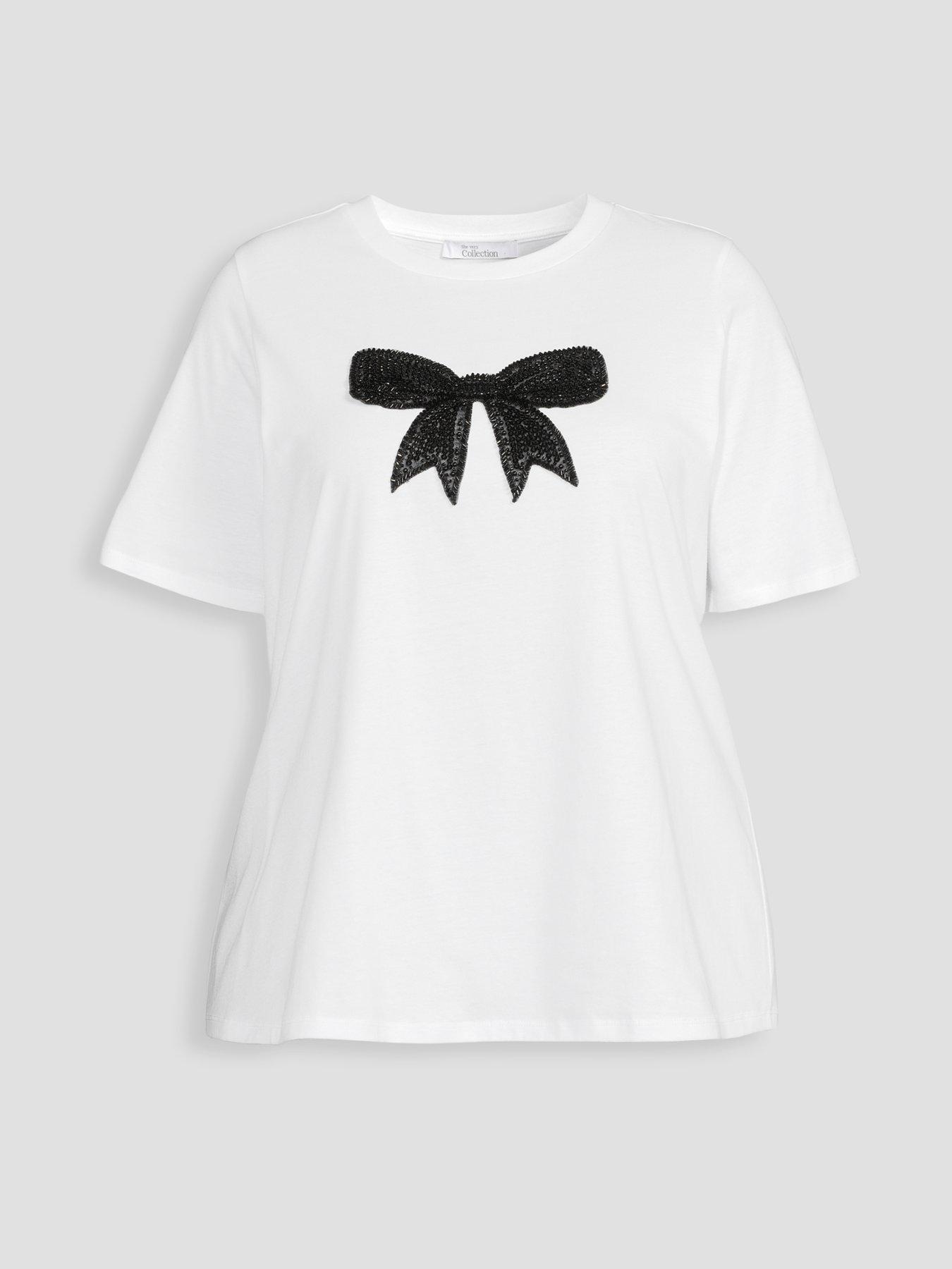 Image 7 of 7 of The Very Collection Curve Bow Embellished T-Shirt - White