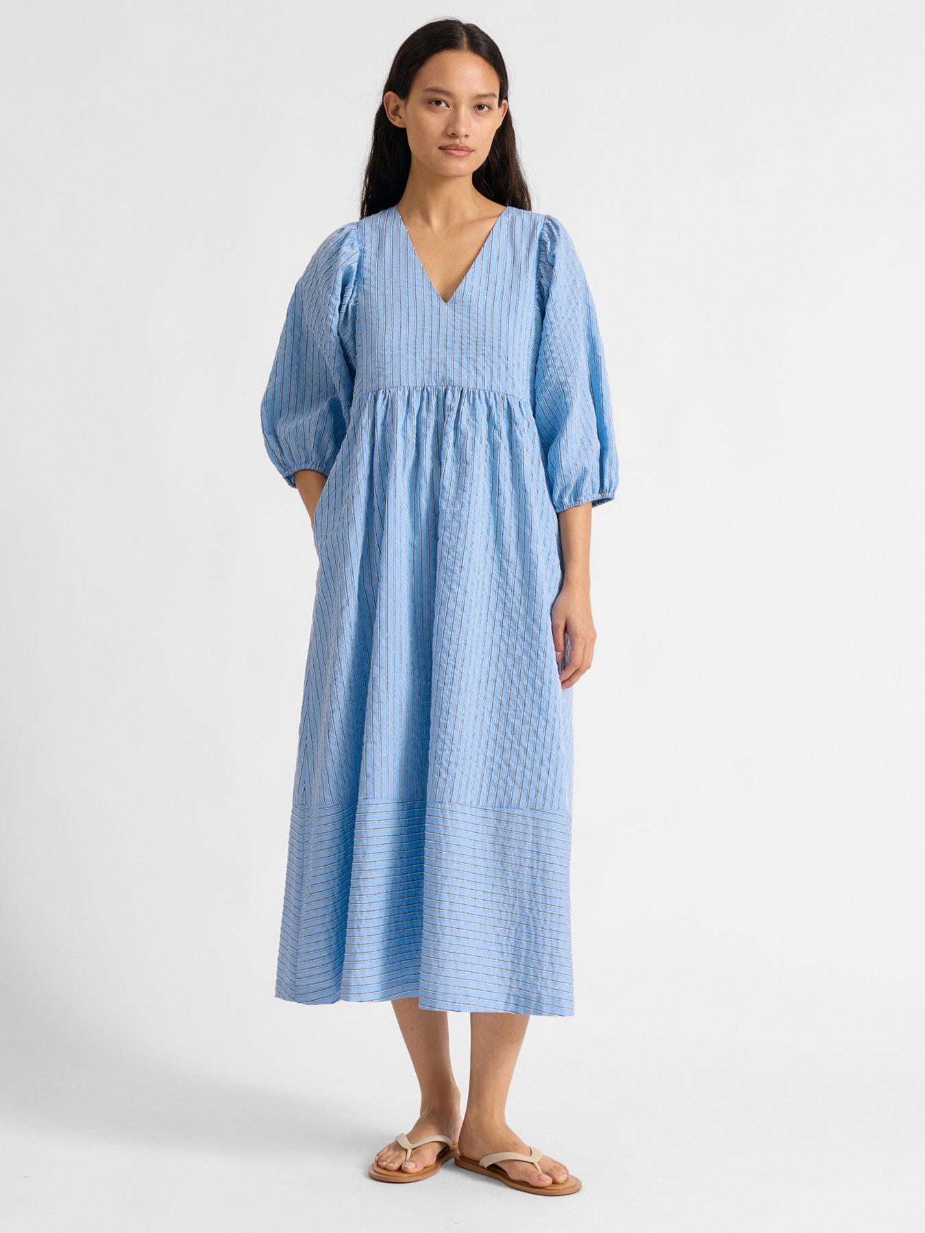 Image 1 of 4 of Albaray Stripe V Neck Dress - Blue