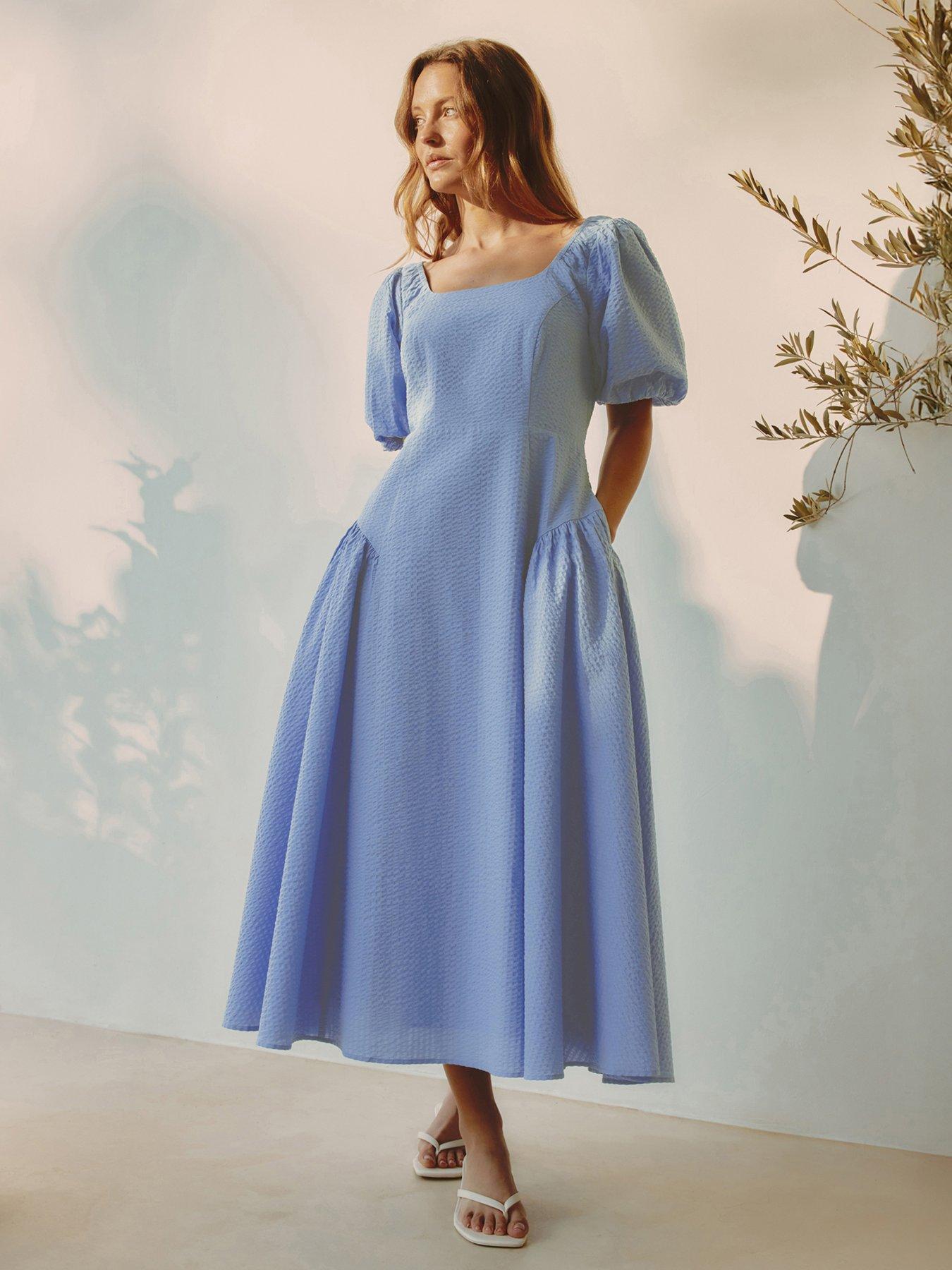 Albaray Seersucker Self Stripe Puff Sleeve Dress