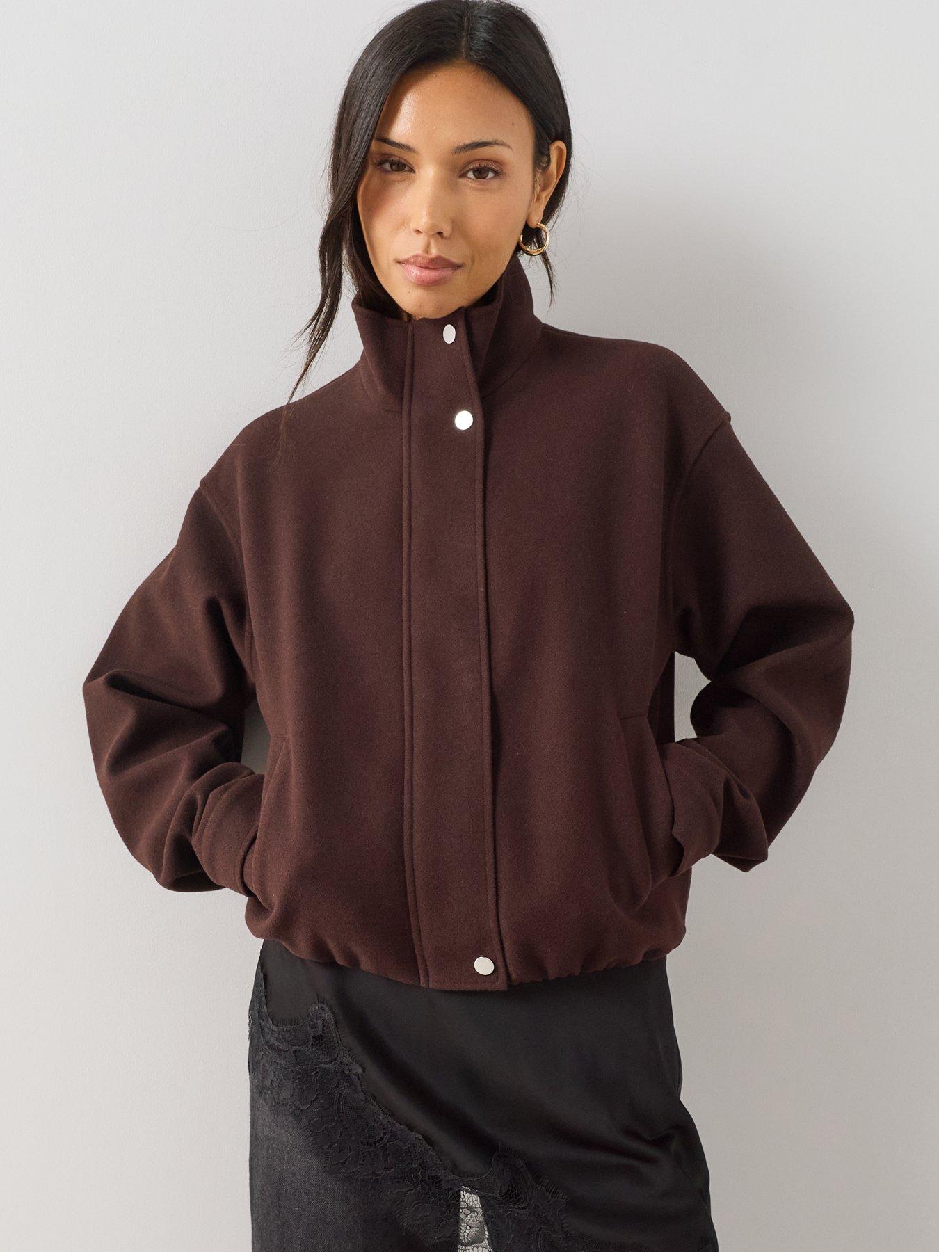 The Very Collection Faux Wool Funnel Neck Bomber - Brown