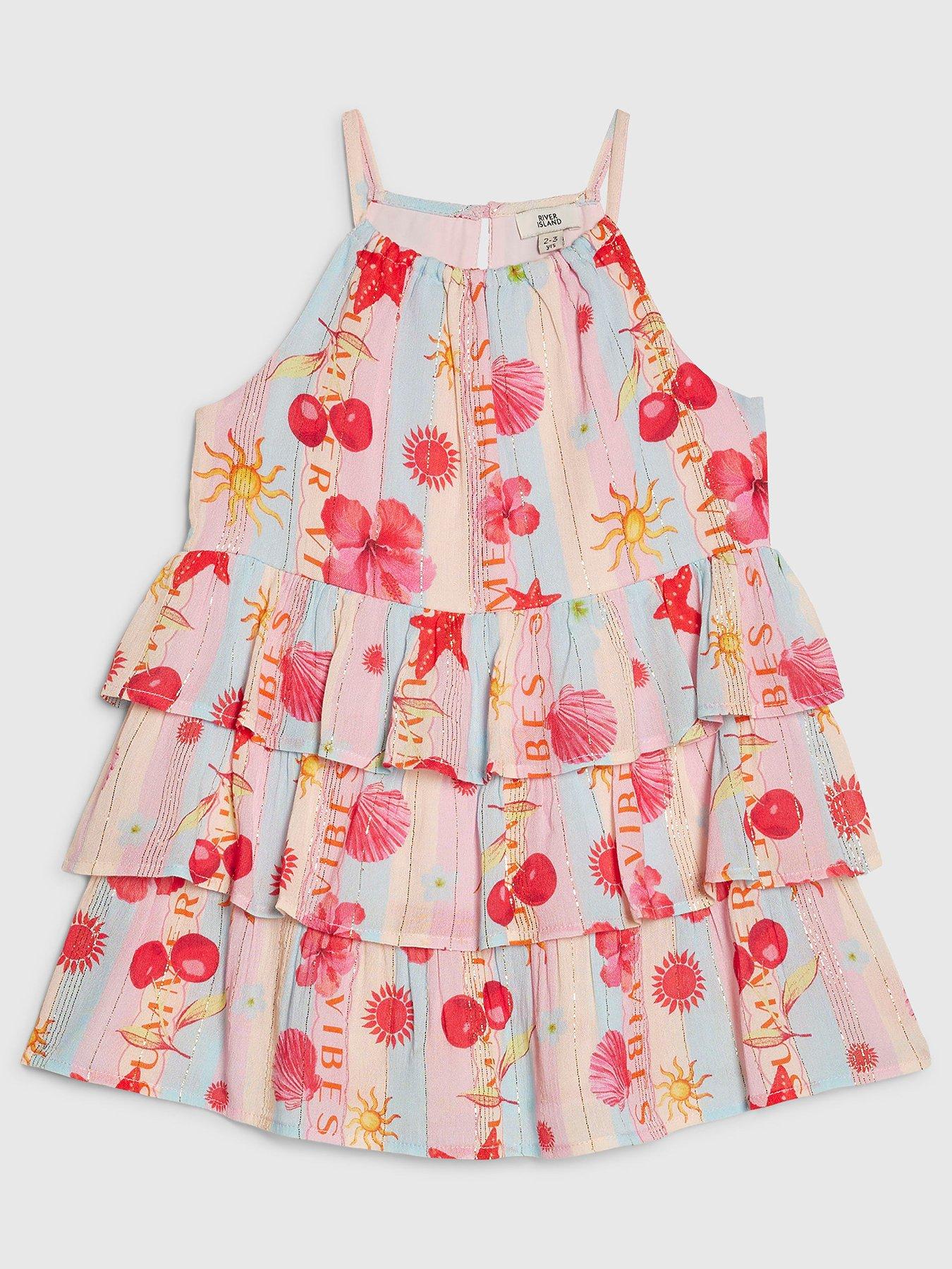River Island Mini Girls La Mer Beach Print Dress - Blue/Pink