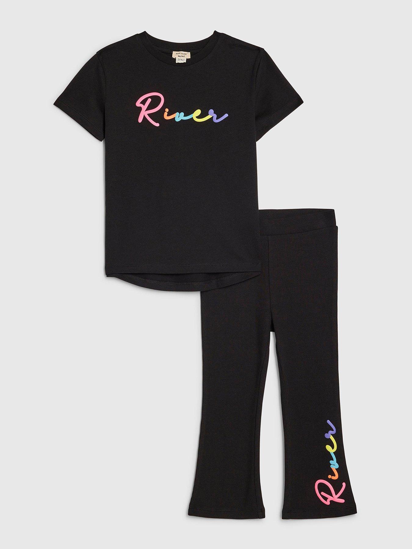 Image 1 of 5 of River Island Mini Girls Branded Script T-Shirt Set - Black