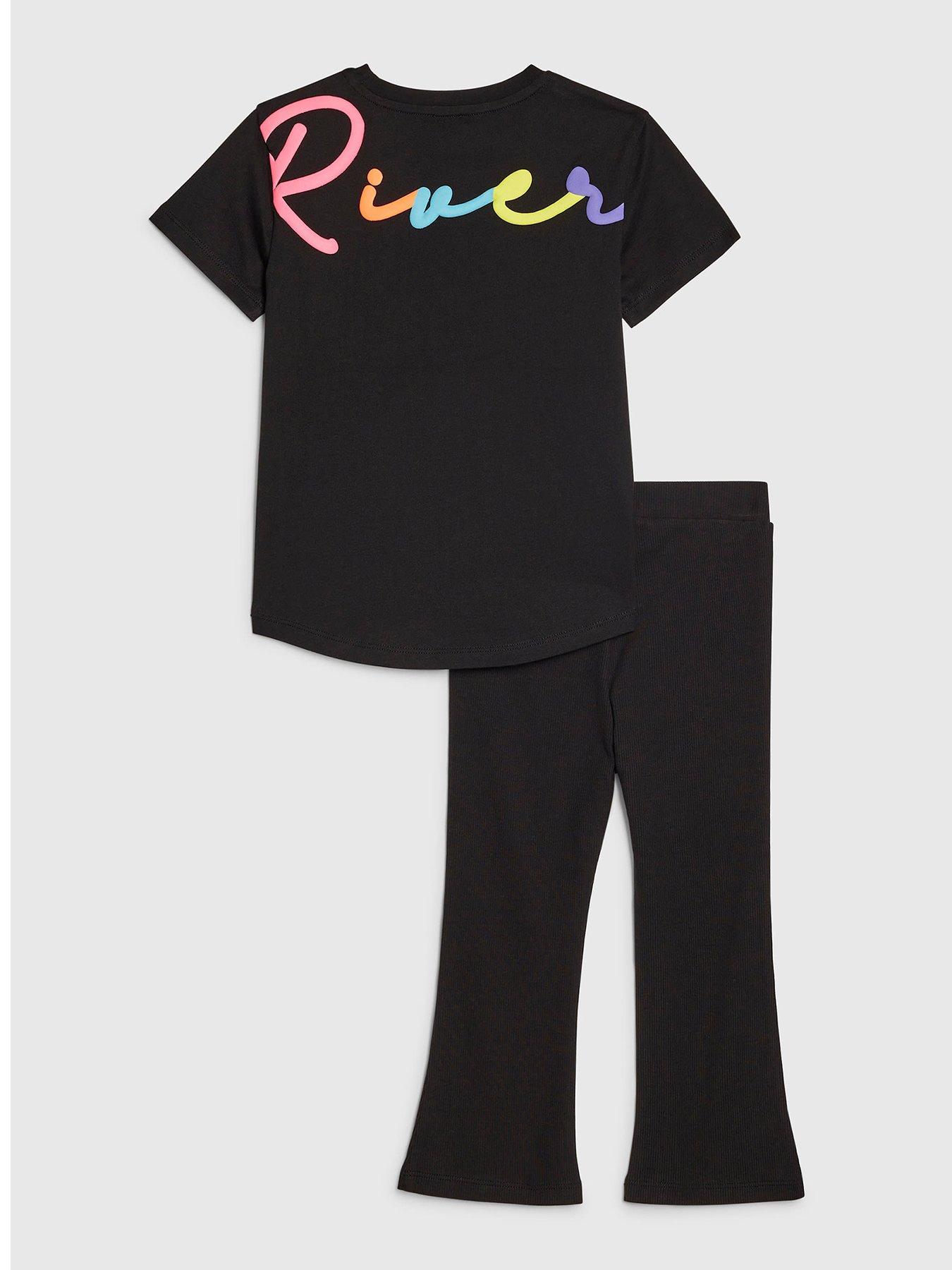 Image 2 of 5 of River Island Mini Girls Branded Script T-Shirt Set - Black