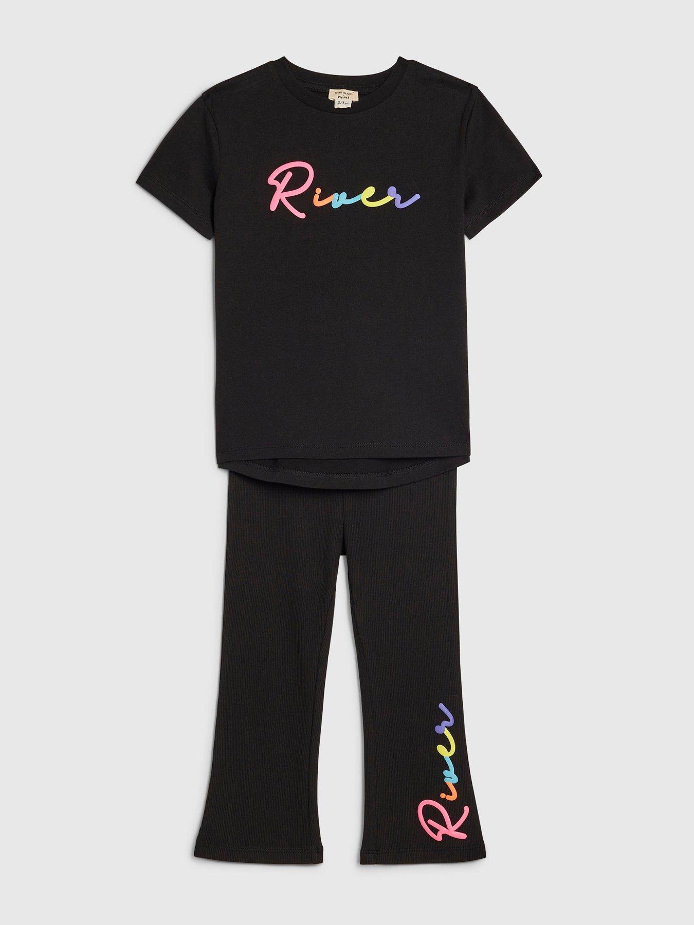 Image 3 of 5 of River Island Mini Girls Branded Script T-Shirt Set - Black