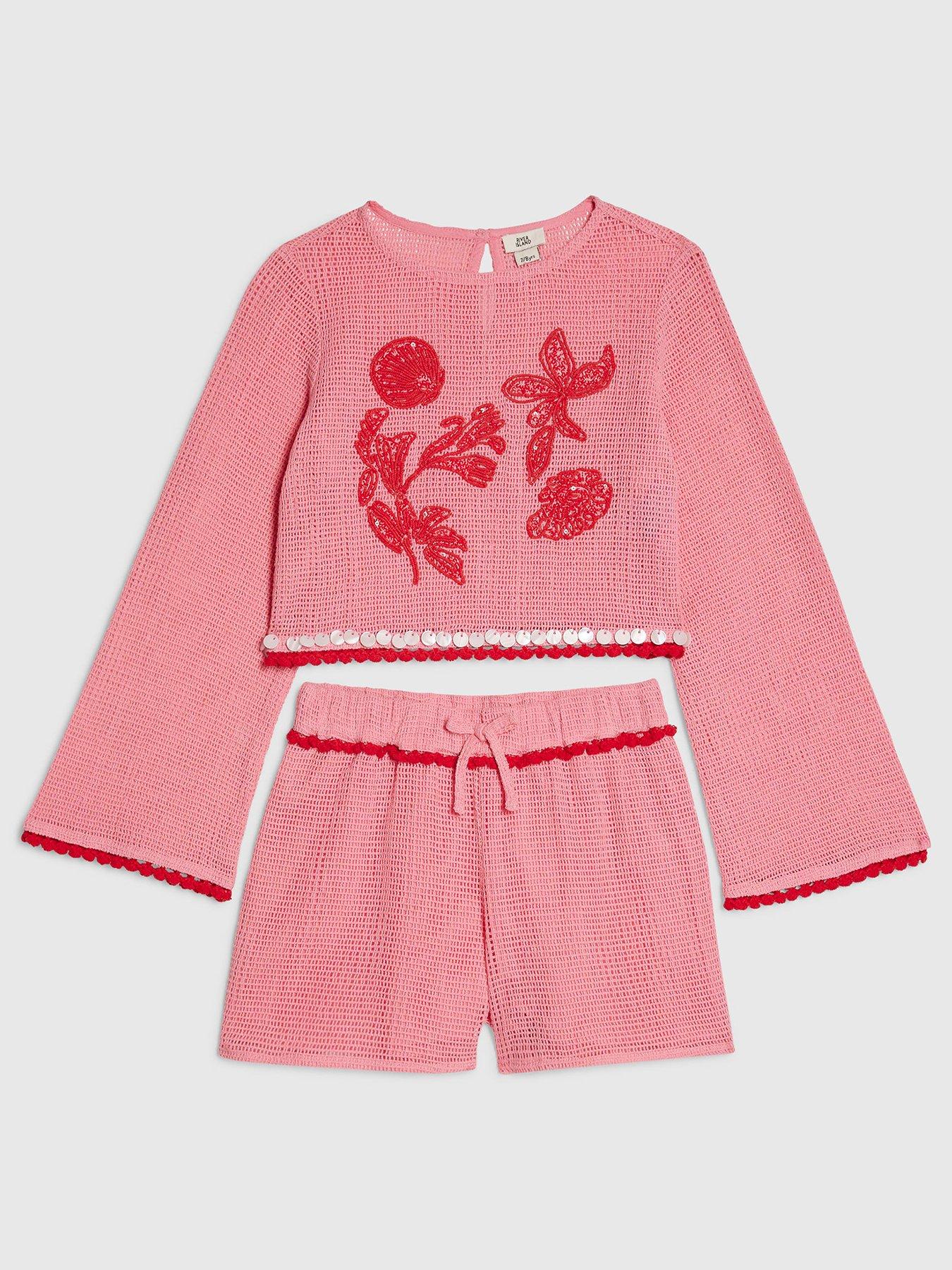 Image 1 of 4 of River Island Older Girls Beaded Crochet Shorts Set - Pink