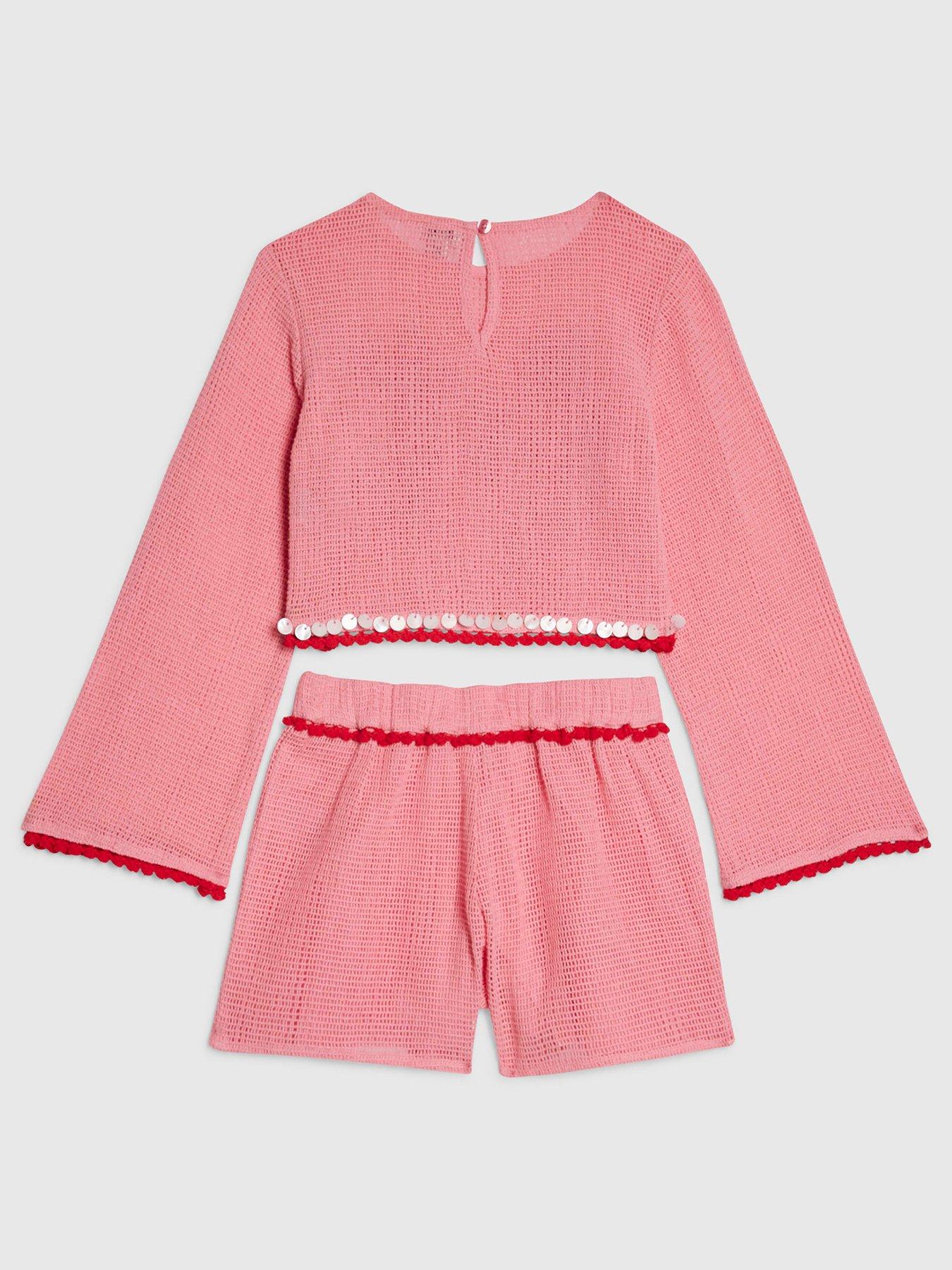 Image 2 of 4 of River Island Older Girls Beaded Crochet Shorts Set - Pink
