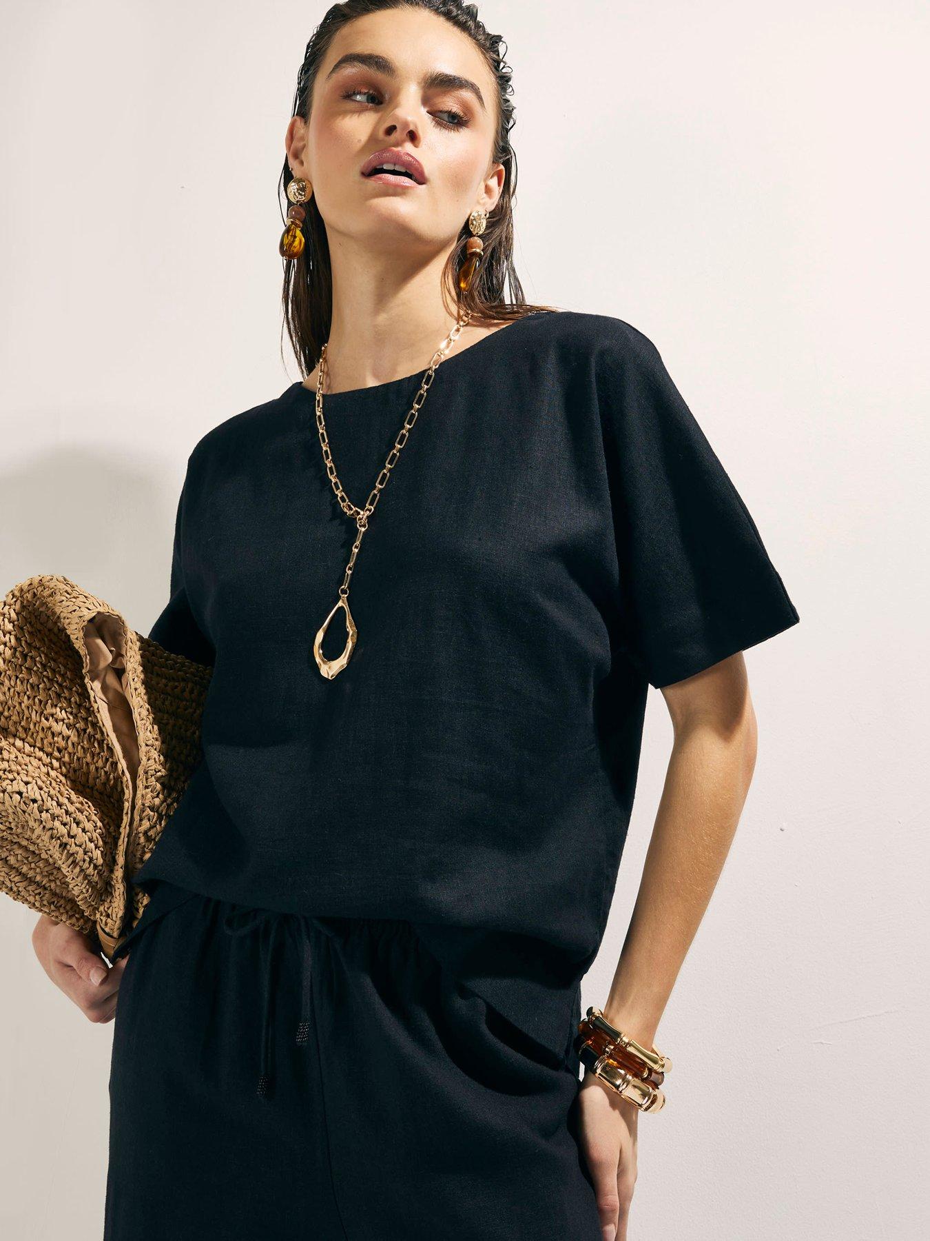 river-island-linen-blend-short-sleeve-top-blackfront