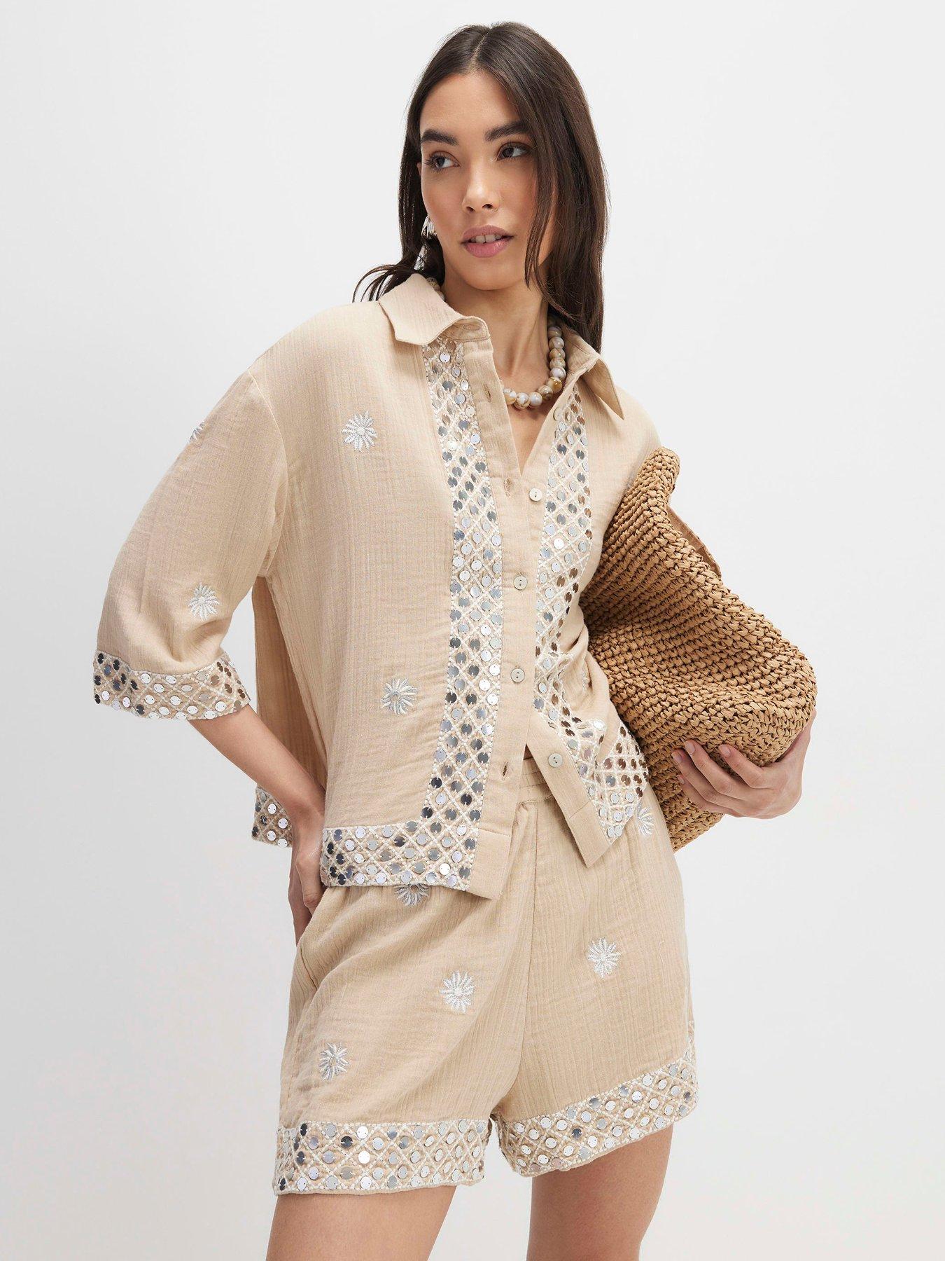 River Island Sequin Embellished Beach Shirt - Beige