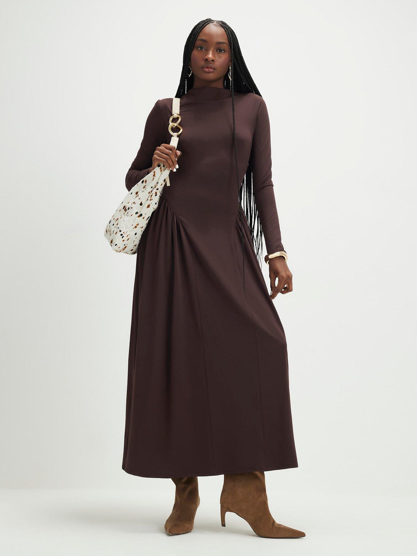River Island Long Sleeve High Neck Waisted Maxi Derss - Brown