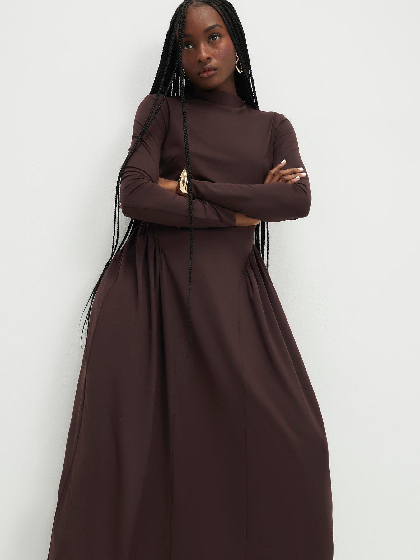 river-island-long-sleeve-high-neck-waisted-maxi-dress-brownback