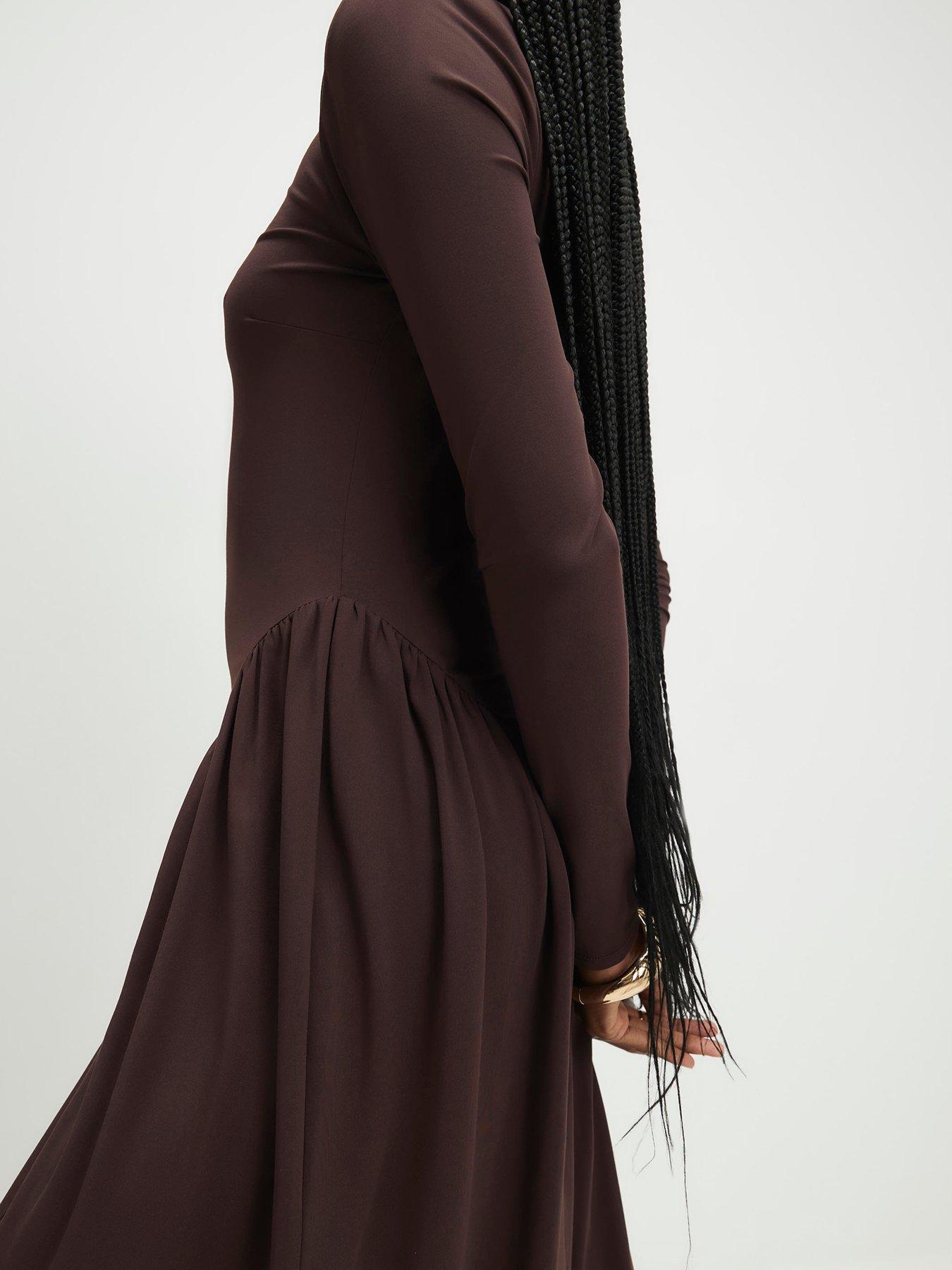 river-island-long-sleeve-high-neck-waisted-maxi-dress-brownoutfit