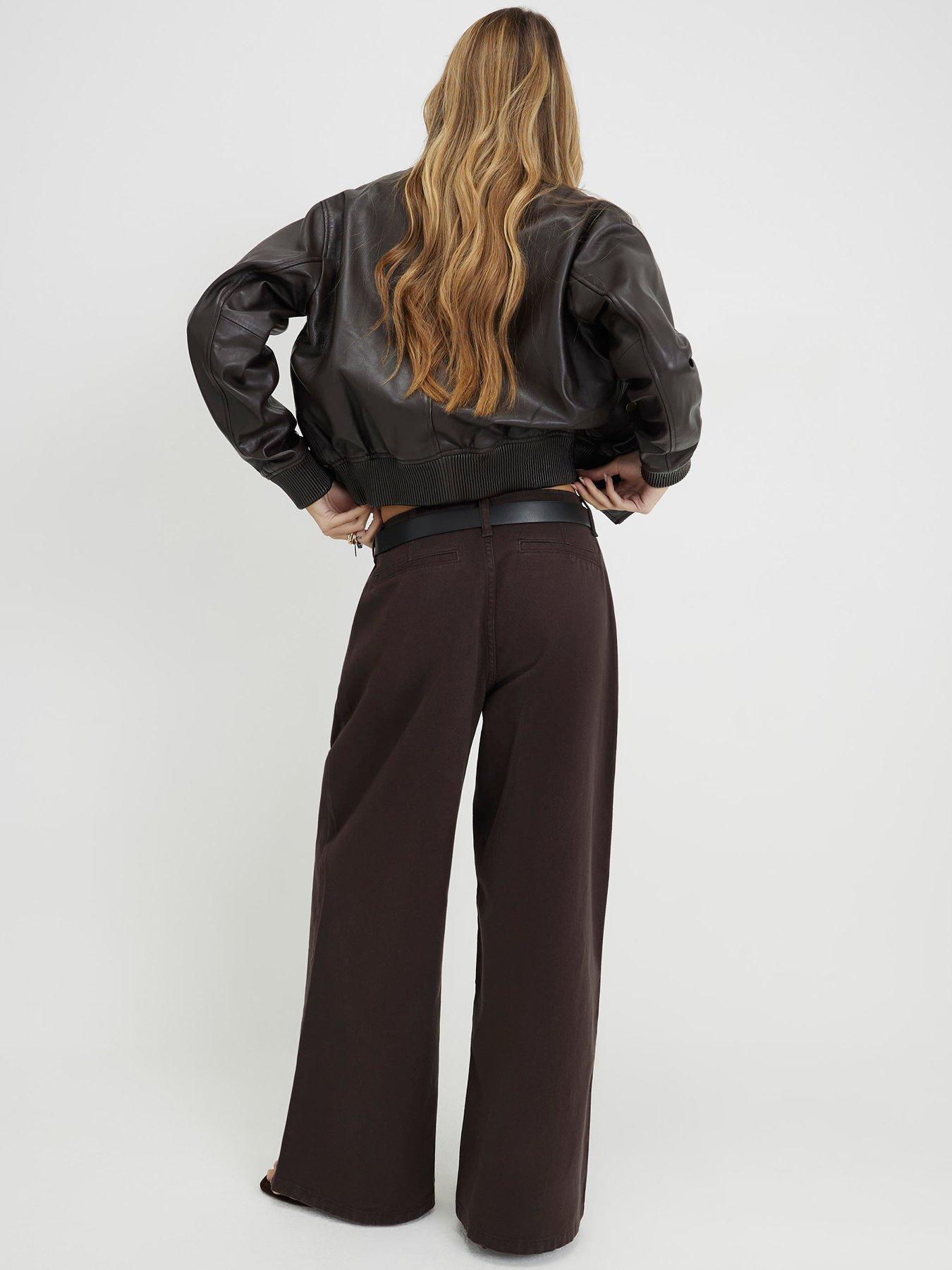 Image 2 of 6 of River Island Belted Pleated Wide Leg Jeans - Brown