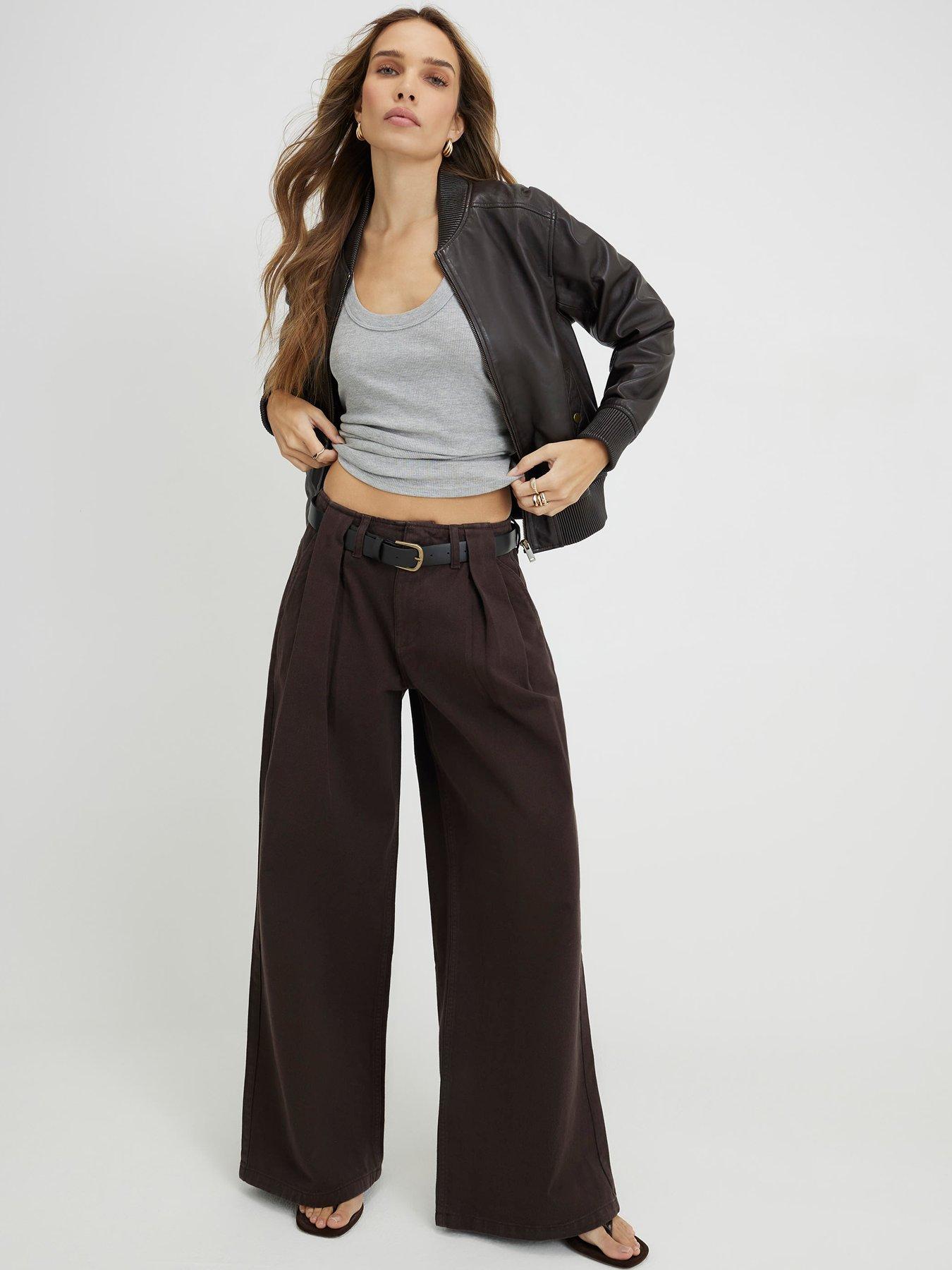 Image 3 of 6 of River Island Belted Pleated Wide Leg Jeans - Brown