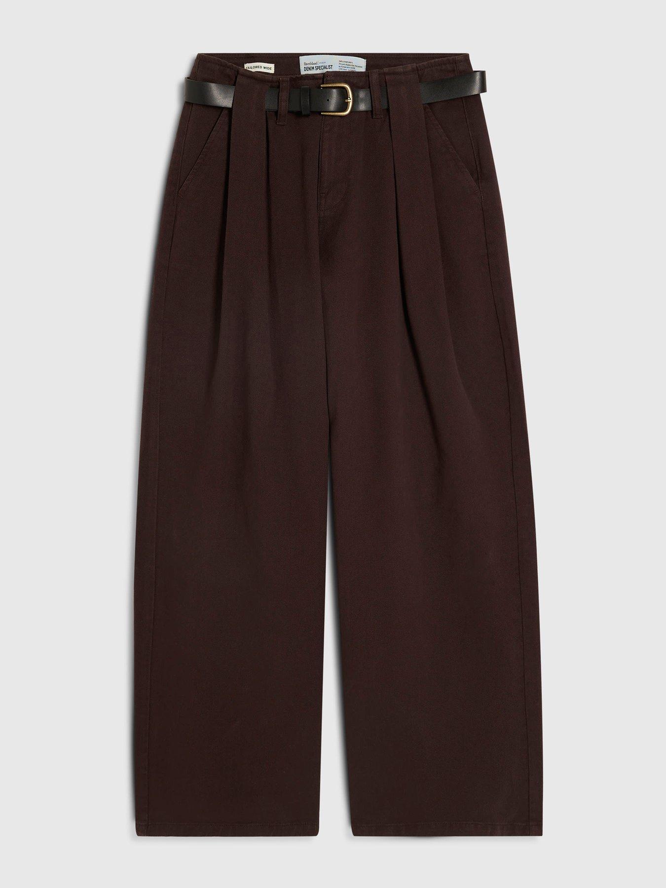 Image 5 of 6 of River Island Belted Pleated Wide Leg Jeans - Brown