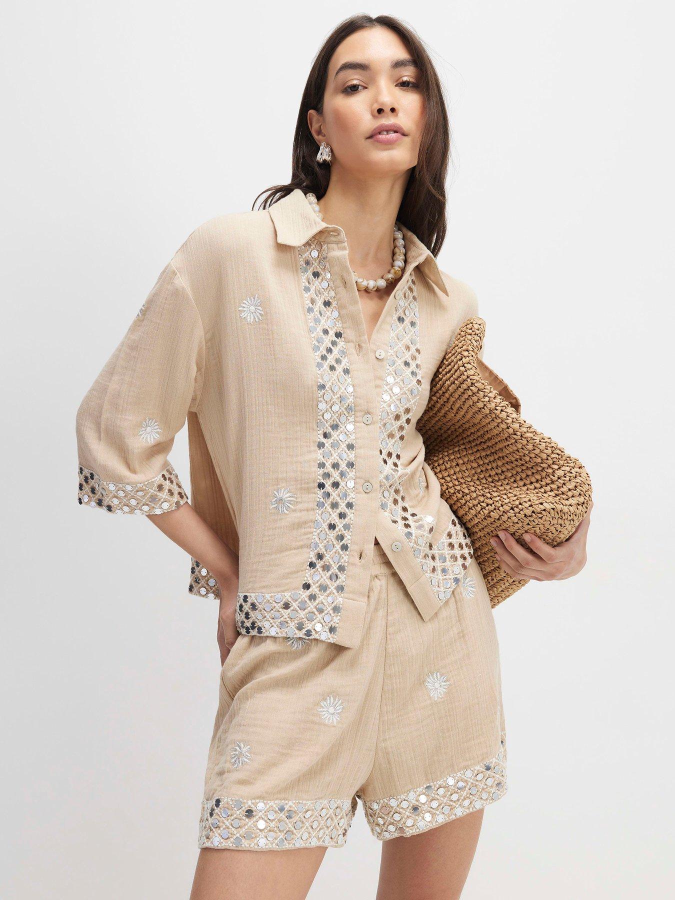 River Island Sequin Embellished Shorts - Beige