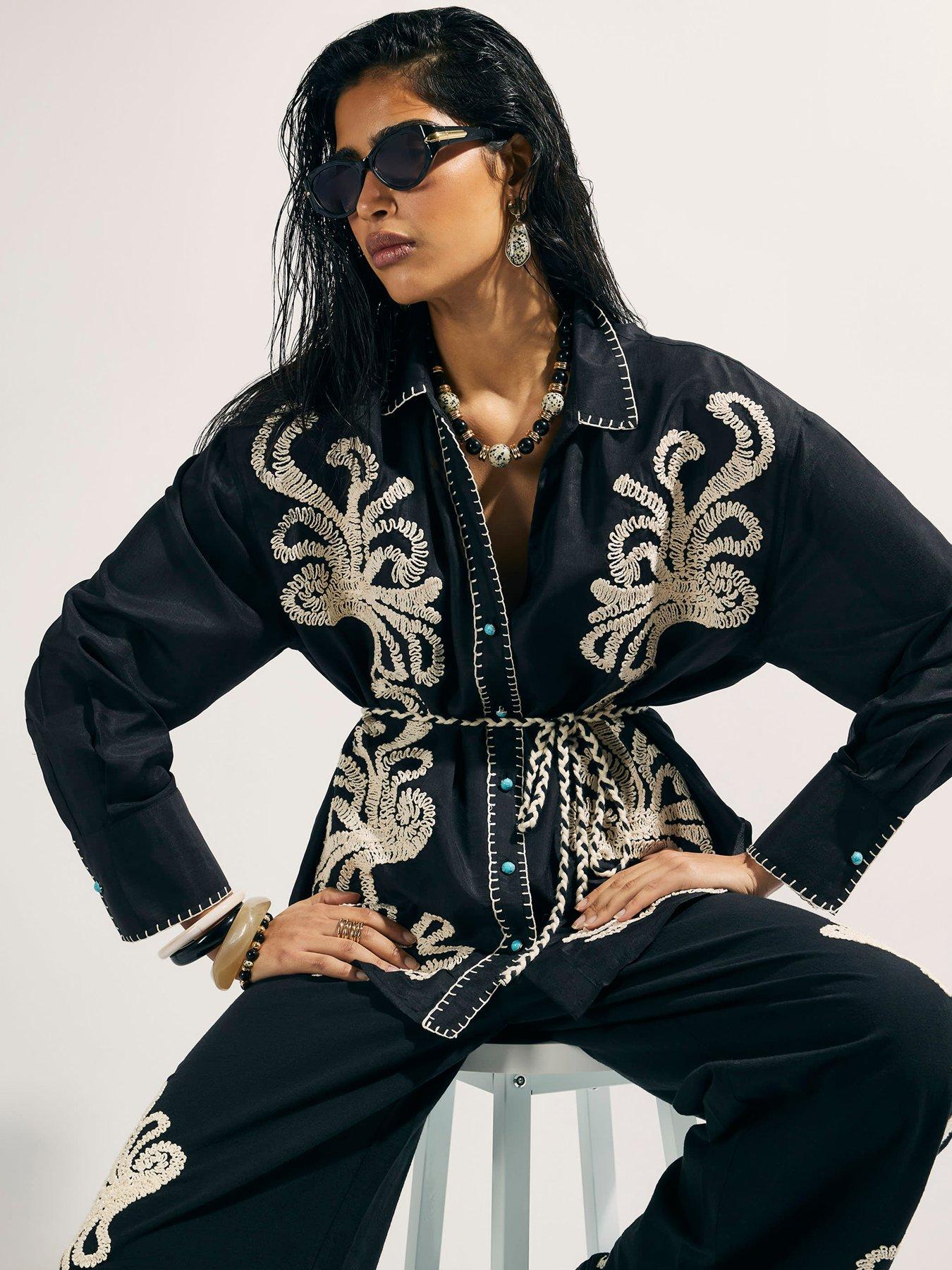Image 1 of 4 of River Island Craft Stitch Voile Shirt - Black