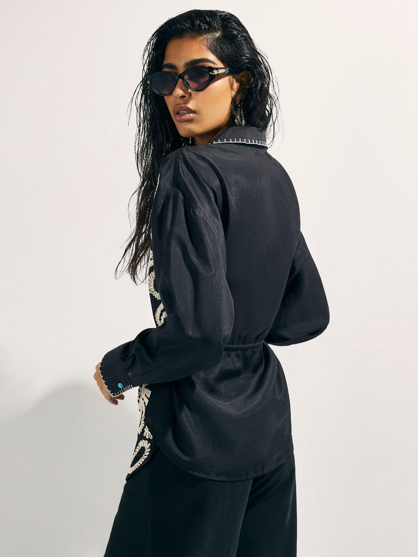 Image 2 of 4 of River Island Craft Stitch Voile Shirt - Black