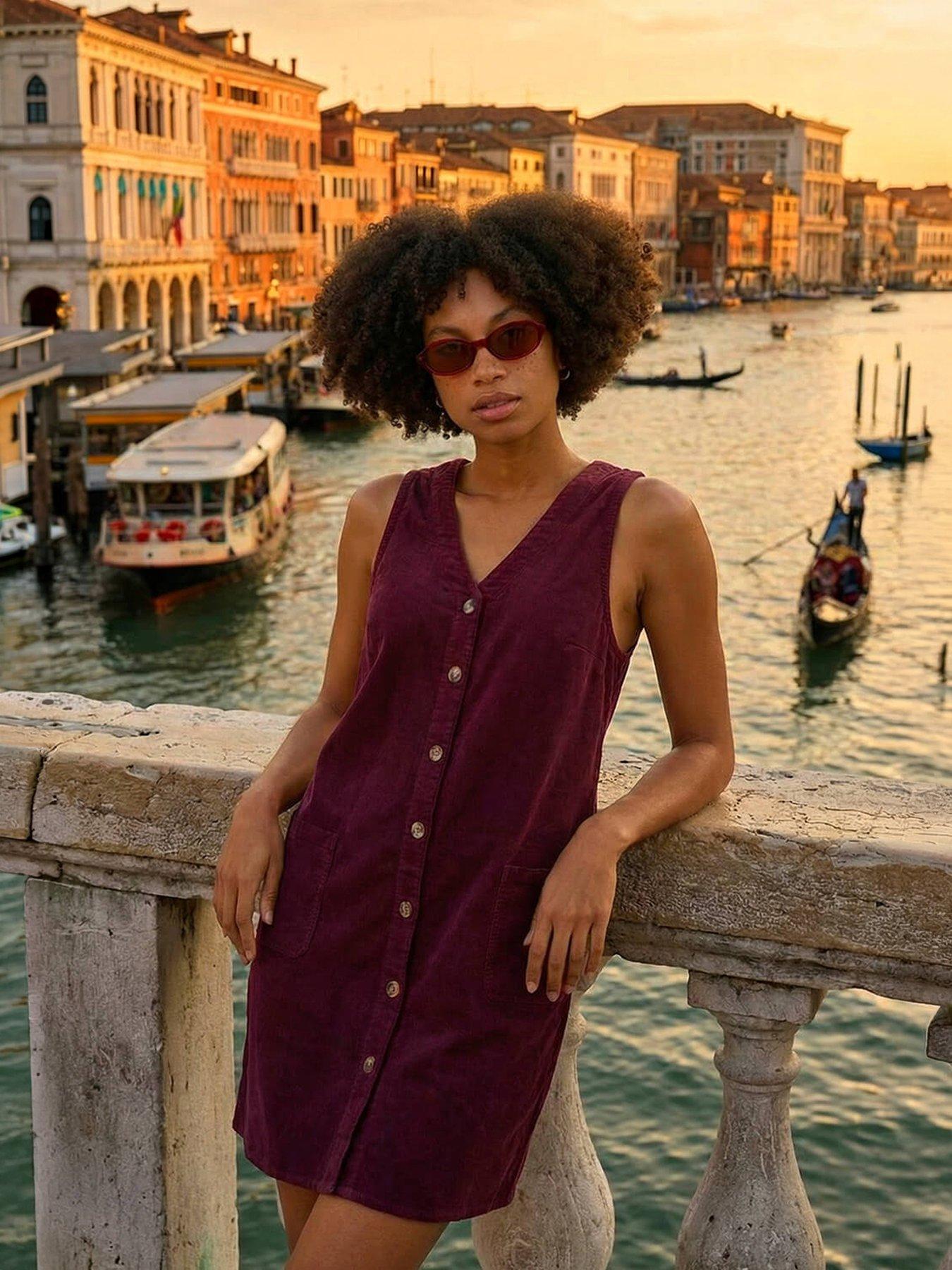 Roman Cotton V-Neck Button Pocket Dress - Dark Red