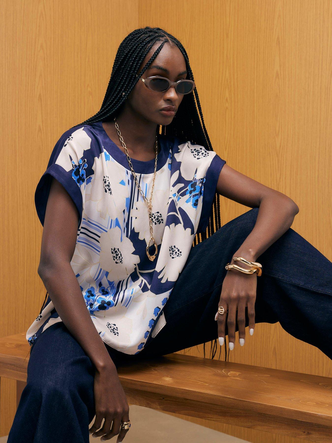 Image 1 of 4 of River Island Satin Short Sleeve Floral Print Top - Blue