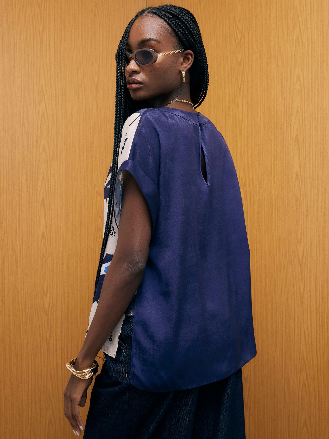 Image 2 of 4 of River Island Satin Short Sleeve Floral Print Top - Blue