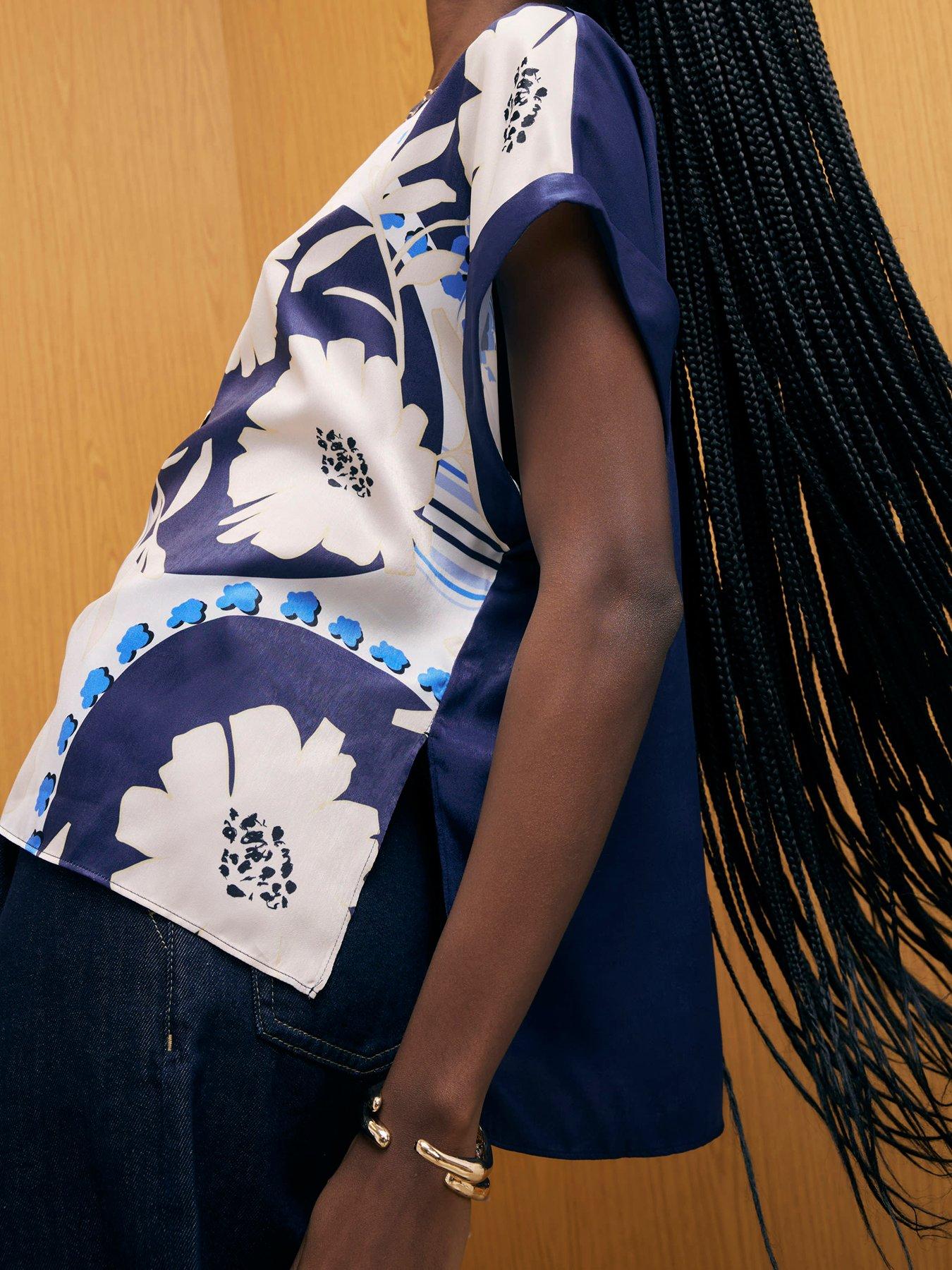 Image 4 of 4 of River Island Satin Short Sleeve Floral Print Top - Blue