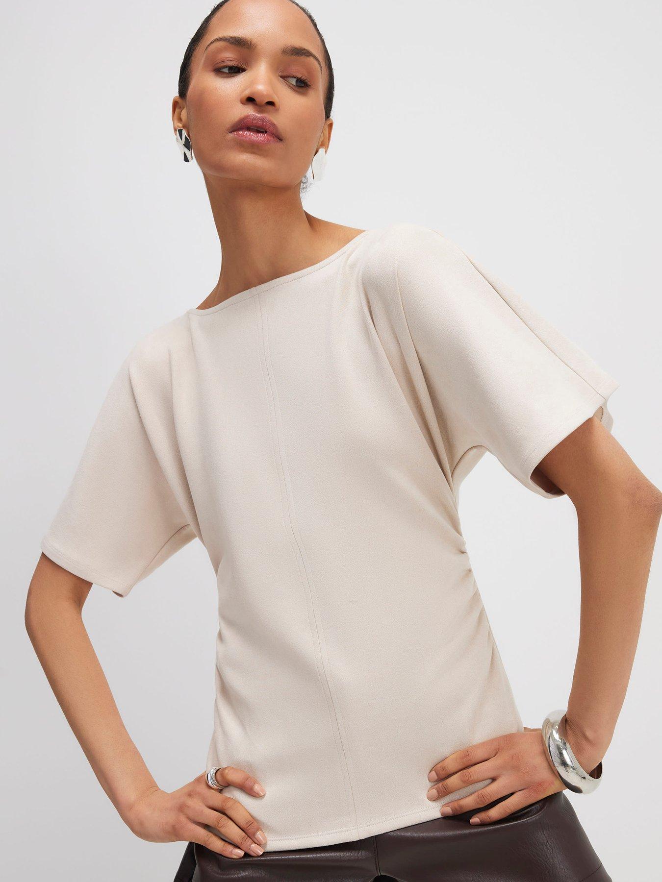 Image 1 of 6 of River Island Short Sleeve Ruched Side Suedette Top - Beige