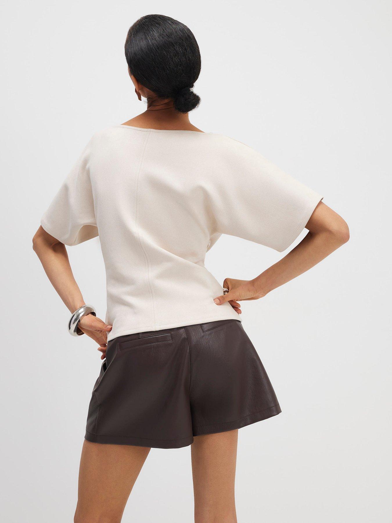 Image 2 of 6 of River Island Short Sleeve Ruched Side Suedette Top - Beige