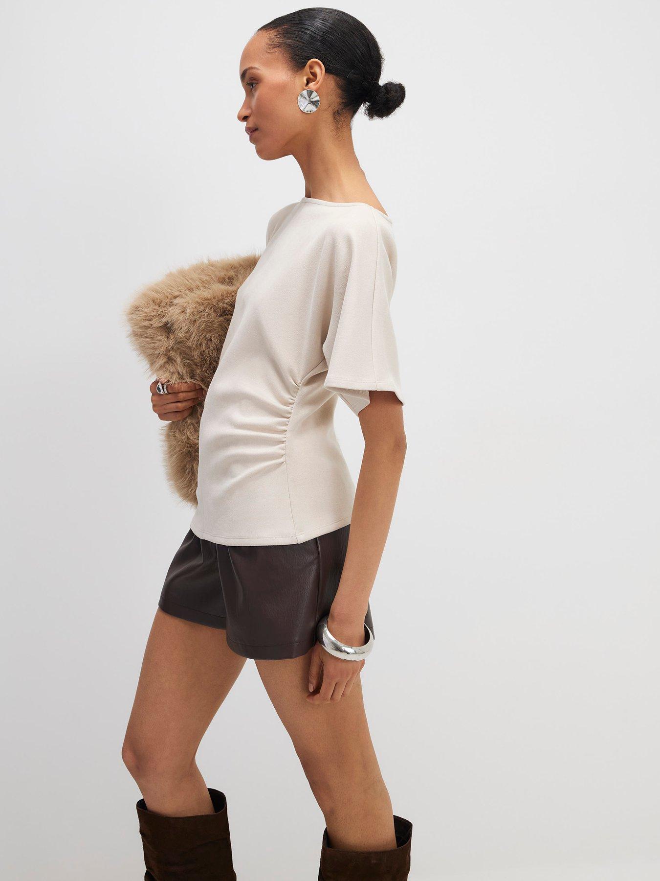 Image 4 of 6 of River Island Short Sleeve Ruched Side Suedette Top - Beige