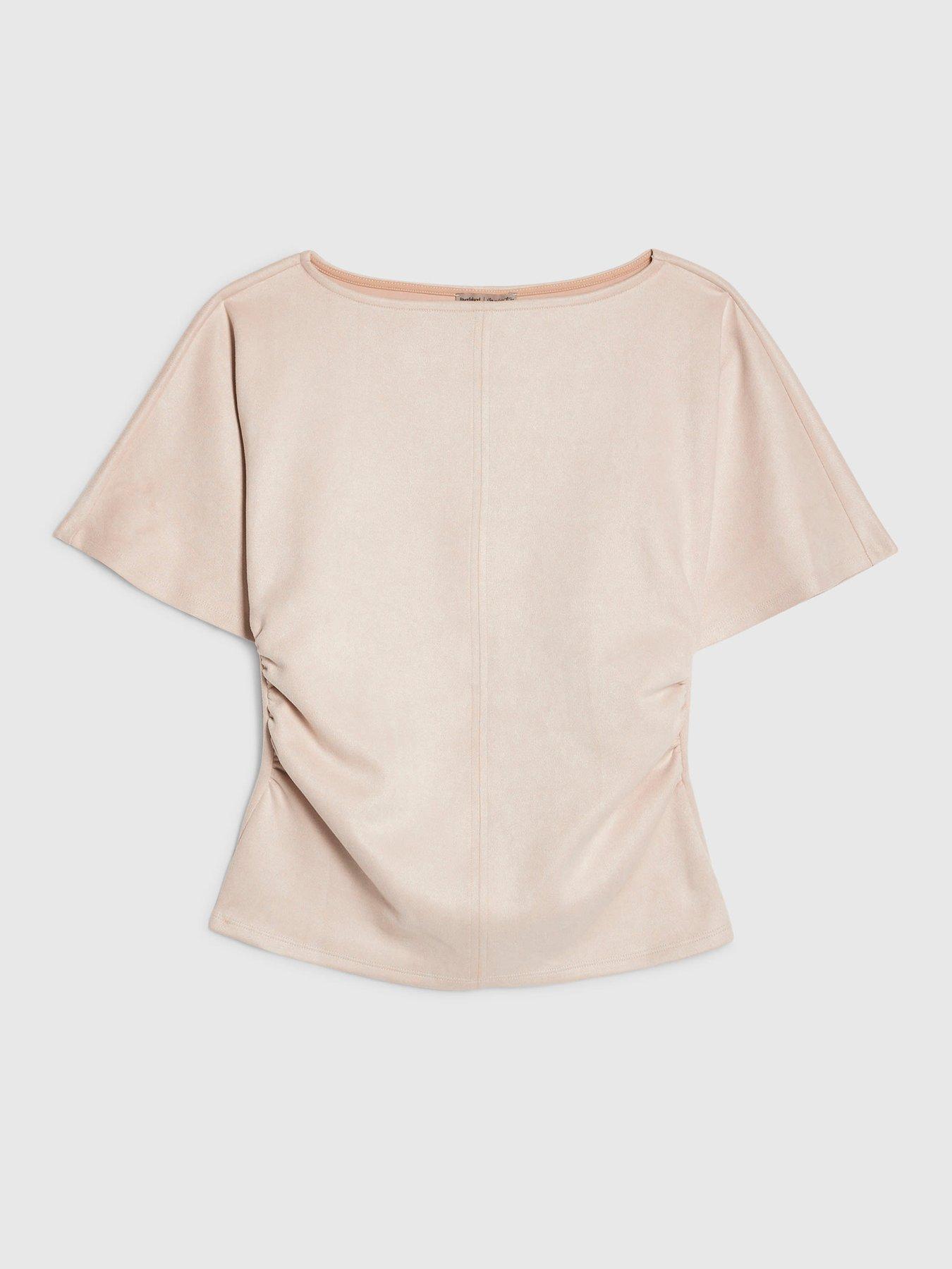 Image 5 of 6 of River Island Short Sleeve Ruched Side Suedette Top - Beige