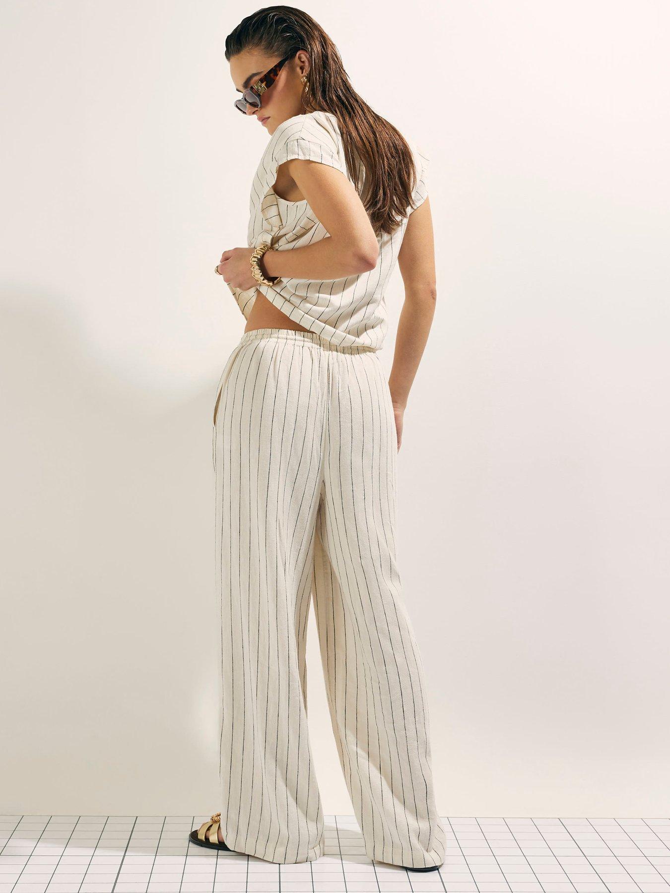 Image 2 of 4 of River Island Linen Blend Striped Trousers - Beige