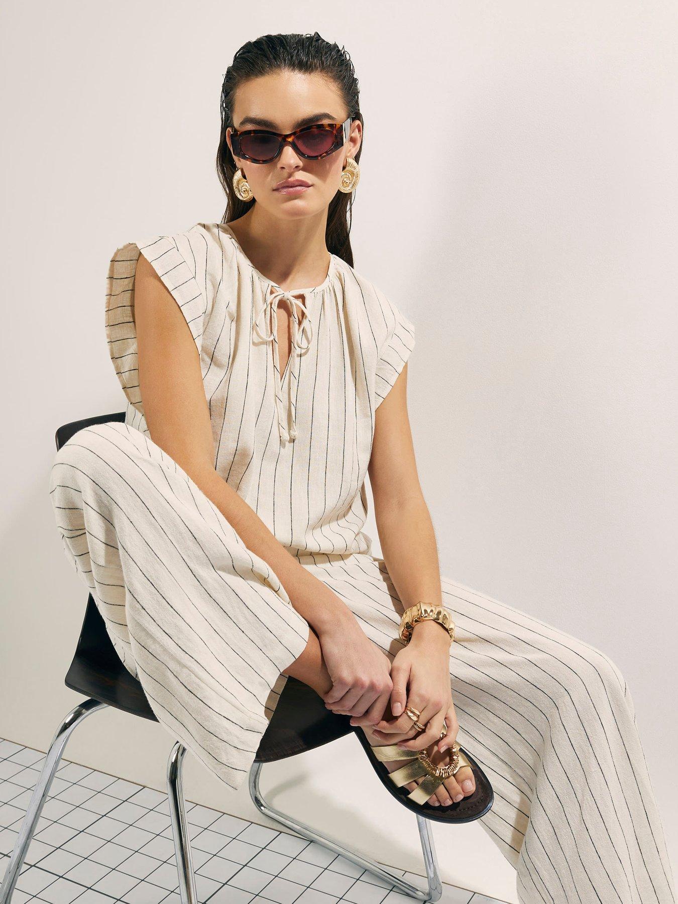 Image 3 of 4 of River Island Linen Blend Striped Trousers - Beige
